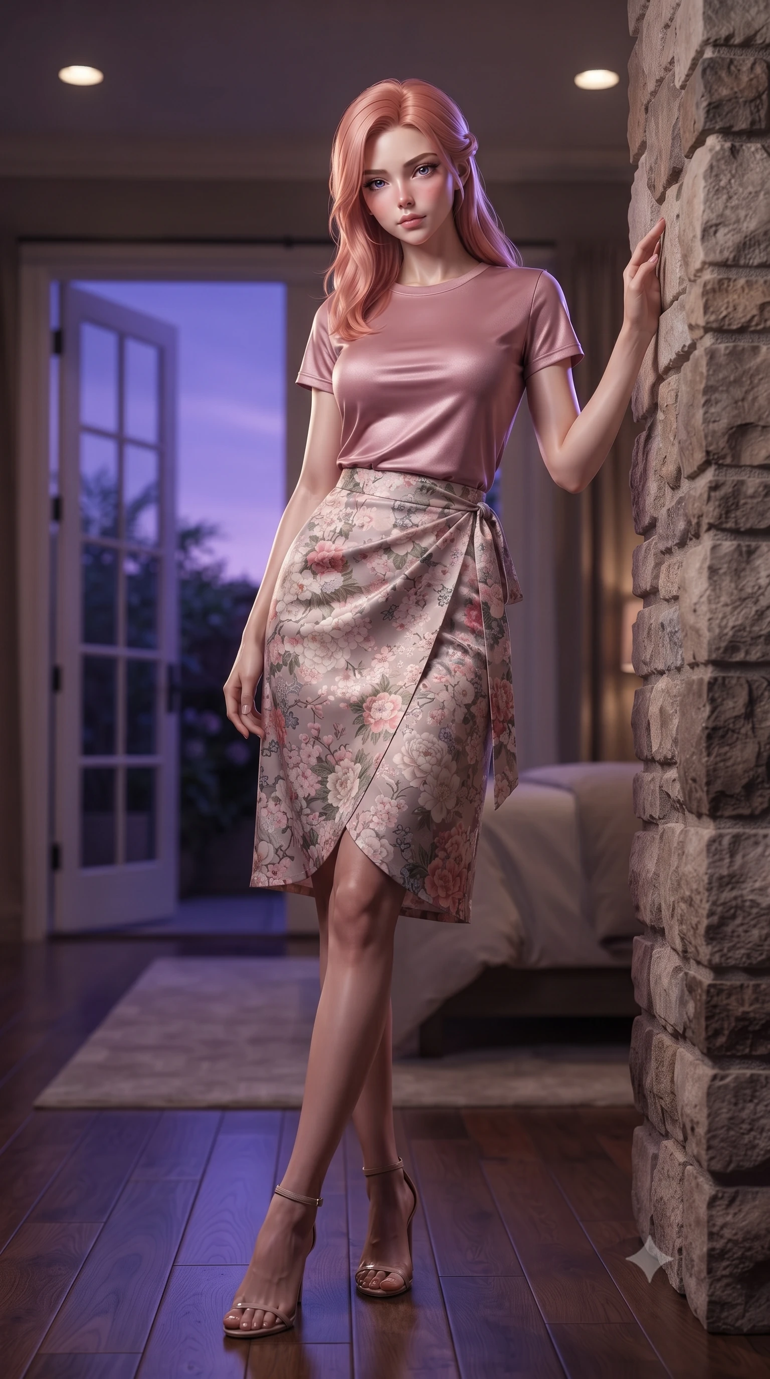 score_9, masterpiece, best quality, ultra-detailed, high-budget anime keyframe, editorial fashion photography, tasteful artistic composition, Japanese woman woman. low angle full-body shot from head to toe showing her feet, filling the entire 9:16 vertical frame with her statuesque presence, stretching her vertical silhouette. leaning back against a rustic stone wall, casting a slow, alluring gaze at the camera the background shows a soft-focus a bedroom suite with double glass doors opening to a quiet botanical patio at dusk. She has an absolutely perfect, statuesque 8.5-heads proportion, an exceptionally tall and slender model-like female figure with impossibly long slender legs and an ultra-slim waist. sharp v-shaped jawline, high-bridge nose, intricate jewel-like eyes with depth, thick eyelashes, glossy lips with a natural sheen. wearing a tailored simple crewneck t-shirt in dusty pink paired with a floral print wrap skirt. deep violet twilight sky glow casting cool highlights on her form. ultra-reflective glossy finish, specular highlights, metallic sheen, high-contrast stereoscopic depth, volumetric dynamic lighting, 2k, ultra detail, master piece, 9:16 ratio