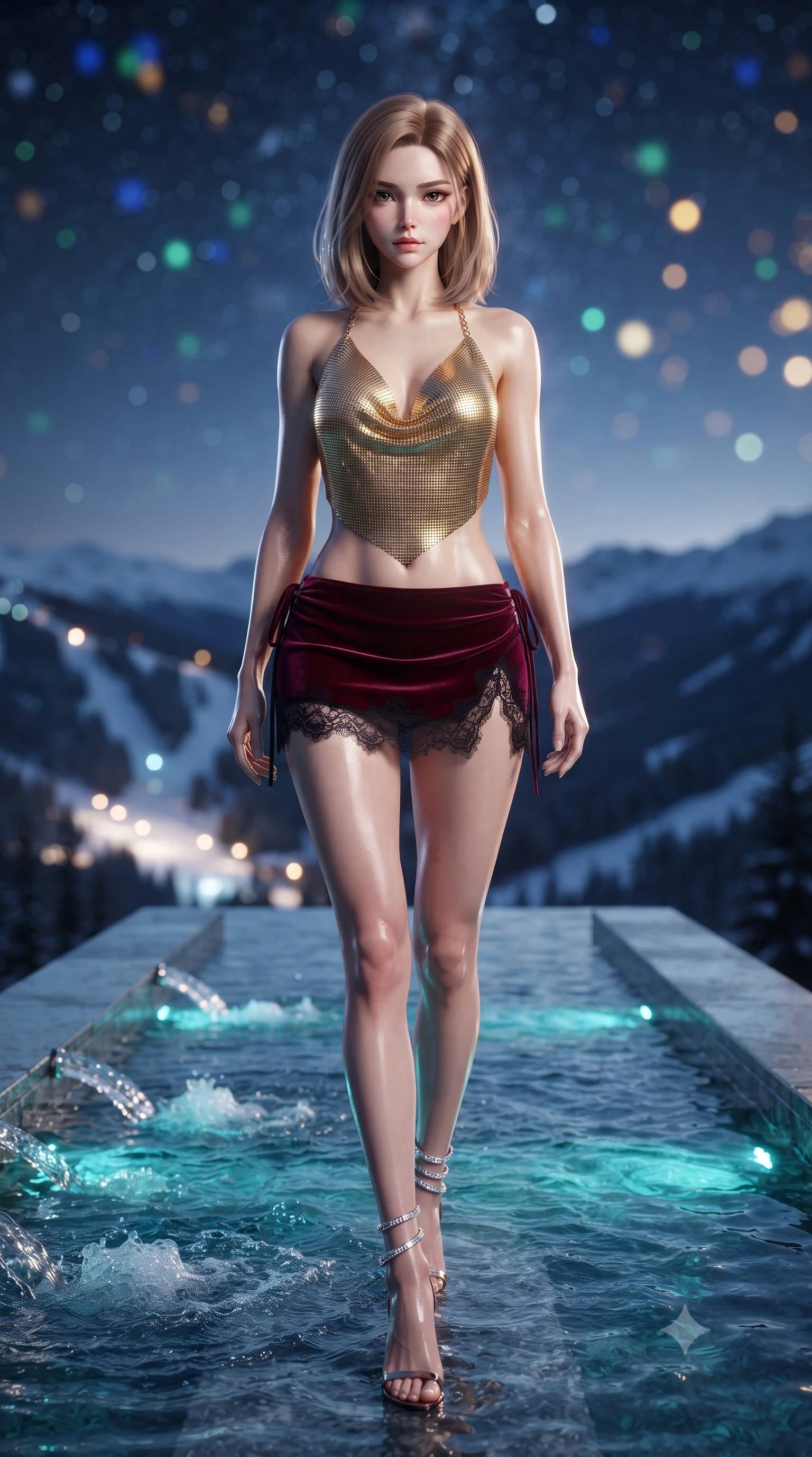 score_9, masterpiece, best quality, ultra-detailed, high-budget anime keyframe, editorial fashion photography, tasteful artistic composition, Korean woman. low angle full-body shot from head to toe showing her feet, filling the entire 9:16 vertical frame with her statuesque presence, stretching her vertical silhouette. stepping slowly toward the camera with hypnotic grace, hips swaying in an alluring sensual rhythm that accentuates her curvy hourglass silhouette and long slender legs while twisting her slender torso in an alluring contrapposto stance, bubbling hydrotherapy jets and underwater turquoise LEDs tracing her curves. The background shows a soft-focus dramatic alpine valley cliffs thousands of feet below, illuminated ski resort trails in the distance, and starry night sky blurred into sapphire, emerald, and gold bokeh. She has an absolutely perfect, statuesque 8.5-heads proportion, an exceptionally tall and slender model-like female figure with impossibly long slender legs, an ultra-slim waist, a flat toned midriff, narrow delicate ribcage, and beautifully sculpted feminine hips creating a graceful, slim hourglass silhouette without any bulky heaviness. sharp v-shaped jawline, high-bridge nose, sparkling eyes with hypnotic seductive depth, thick curled eyelashes, glossy parted lips with a natural dewy peach sheen, alluring bedroom-eyes with an enchanting coquettish smile, exuding magnetic siren charisma and sophisticated glamour, flawlessly proportioned anatomical accuracy, strict slender model proportions, natural body alignment, perfectly sculpted long slender limbs, ultra-slim waistline, clean dynamic posture without body distortion. wearing a liquid gold chainmail cowl halter top paired with an ultra-low-rise velvet mini skirt and side rhinestone ties in deep bordeaux velvet and delicate black chantilly, tailored from ultra-plush velvet with rich tactile depth and deep shadow gradients, complemented by strappy stiletto sandals with crystal ankle wraps accentuating her slender calves, the precision-cut side openings and low-back scoop framing her graceful spine and the sensual sweep of her slim, toned hips. illuminated by bubbling water surface caustics and sharp platinum rim lights sculpting her razor-sharp jawline, narrow waist, and curvy hips. ultra-reflective glossy finish, specular highlights, rich textural contrasts, high-contrast stereoscopic depth, volumetric dynamic lighting, 2k, ultra detail, master piece, 9:16 ratio