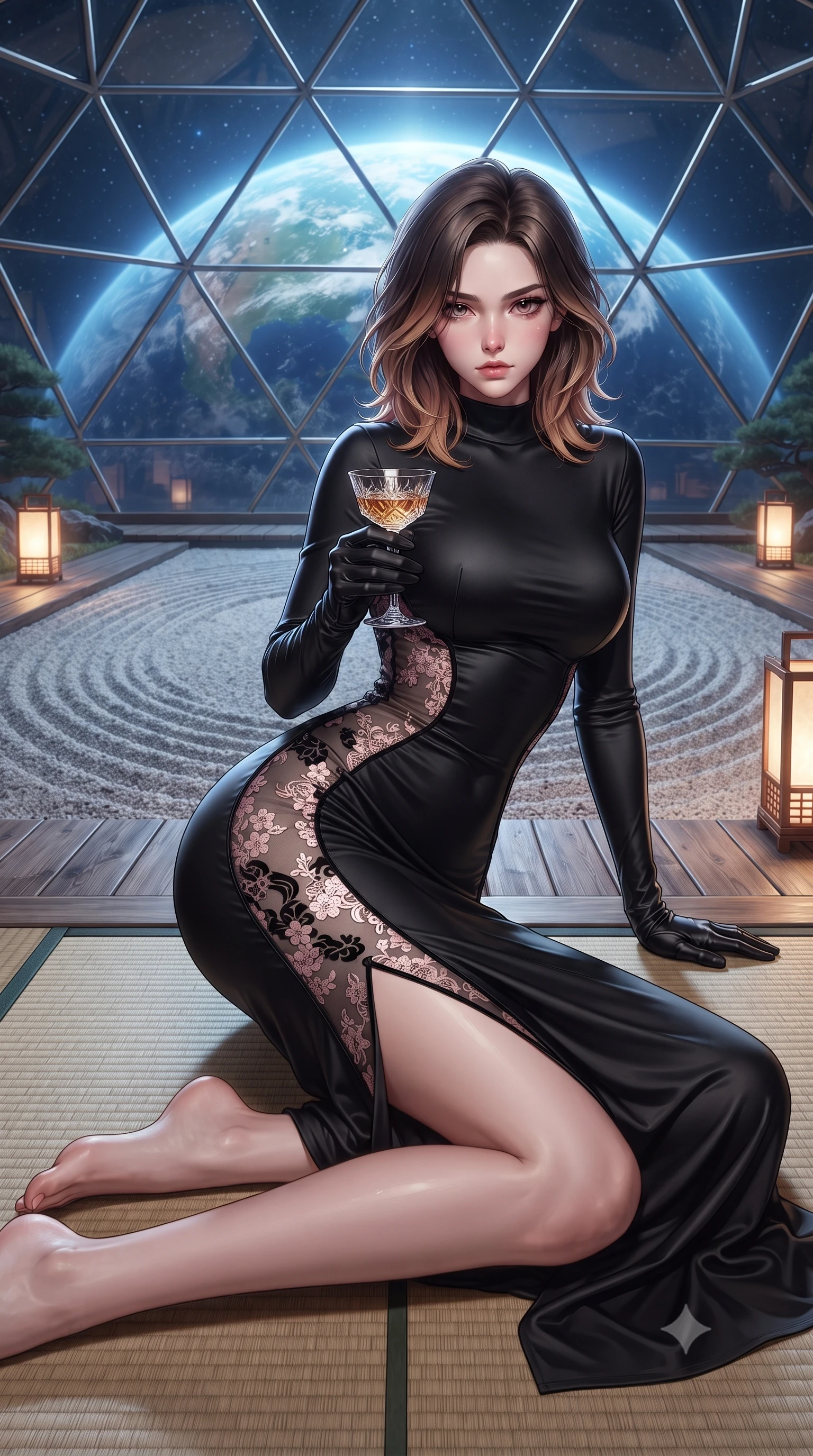 score_9, masterpiece, best quality, ultra-detailed, high-budget anime keyframe, editorial fashion photography, tasteful artistic composition, Korean woman. low angle full-body shot from head to toe showing her feet, filling the entire 9:16 vertical frame with her statuesque presence, stretching her vertical silhouette. reclining on her side in an elegant Cleopatra pose with one knee drawn up, the dramatic contour of her rounded hips and long slender legs commanding the 9:16 vertical frame while kneeling gracefully on a tatami mat at the edge of a weightless raked gravel zen garden, arching her spine as planet Earth rotates below the glass dome. The surrounding environment is rendered in vivid detail and crisp panoramic clarity. sharp raked zen gravel ridges, weathered cedarwood grain, and geodesic glass dome strut clarity in deep focus. She has an exceptionally tall and slender model-like 8.5-heads proportion, an ultra-slim waist, a flat toned midriff, narrow delicate ribcage, and beautifully sculpted feminine hips creating a graceful, slim hourglass silhouette without any bulky heaviness, with impossibly long slender legs. sharp v-shaped jawline, high-bridge nose, intricate jewel-like eyes with depth, thick eyelashes, glossy parted lips with a natural sheen, intensely captivating and seductive bedroom-eyes expression, flawlessly proportioned anatomical accuracy, strict slender model proportions, natural body alignment, perfectly sculpted long slender limbs, ultra-slim waistline, clean dynamic posture without body distortion. wearing a second-skin black silk jersey maxi dress with asymmetrical sheer mesh side panels tracing the full curve of her hip in sakura blossom pink and warm ivory, made of sheer contouring power-mesh with velvet flocking patterns, accessorized with opera-length satin gloves and a vintage crystal glass, the precision-cut side openings and low-back scoop framing her graceful spine and the sensual sweep of her slim, toned hips. bathed in pure, soft sapphire earth-shine from the massive planet below and warm hidden floor lantern glow. ultra-reflective glossy finish, specular highlights, rich textural contrasts, high-contrast stereoscopic depth, volumetric dynamic lighting, 2k, ultra detail, master piece, 9:16 ratio