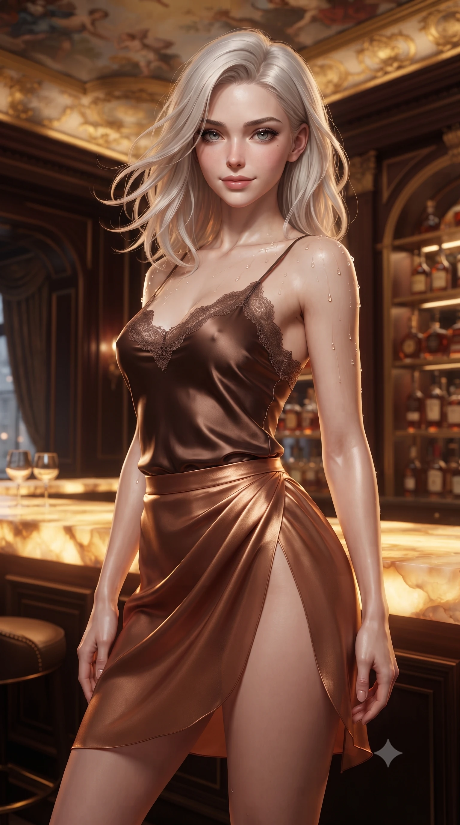 score_9, masterpiece, best quality, ultra-detailed, high-budget anime keyframe, editorial fashion photography, tasteful artistic composition, Caucasian woman. close-up cowboy shot from the waist and thighs up, the character dominates the composition, filling the frame with her large presence. turning slowly with an enchanting smoldering smile, her glossy hair tossing in the breeze as her hips angle gracefully in a captivating contrapposto while twisting her slender torso in an alluring S-curve, warm backlit onyx stone tracing her narrow waist, flat midriff, and rounded hips. The background shows a soft-focus gilded ceiling frescoes, dark mahogany moldings, and shelves of rare cognacs blurred into honey, topaz, and deep mahogany bokeh. She has an exceptionally elegant, slender, and willowy female figure with an ultra-slim waist, flat toned midriff, narrow ribcage, and sculpted feminine hips creating an alluring, slim hourglass silhouette without bulk. sharp v-shaped jawline, high-bridge nose, sparkling eyes with hypnotic seductive depth, thick curled eyelashes, glossy parted lips with a natural dewy peach sheen, alluring bedroom-eyes with an enchanting coquettish smile, exuding magnetic siren charisma and sophisticated glamour, flawlessly proportioned anatomical accuracy, strict slender model proportions, natural body alignment, perfectly sculpted long slender limbs, ultra-slim waistline, clean dynamic posture without body distortion. wearing a delicate lace-trimmed silk camisole paired with a draped satin wrap sarong mini skirt with high side slit in sultry espresso bronze and metallic copper, made of sheer gossamer chiffon that drapes softly against skin with airy translucence, finished with glistening drops of pool water beading across her sculpted shoulders and collarbones, the precision-cut side openings and low-back scoop framing her graceful spine and the sensual sweep of her slim, toned hips. bathed in warm intimate glow radiating upward through the translucent honey-onyx bar top. ultra-reflective glossy finish, specular highlights, rich textural contrasts, high-contrast stereoscopic depth, volumetric dynamic lighting, 2k, ultra detail, master piece, 9:16 ratio