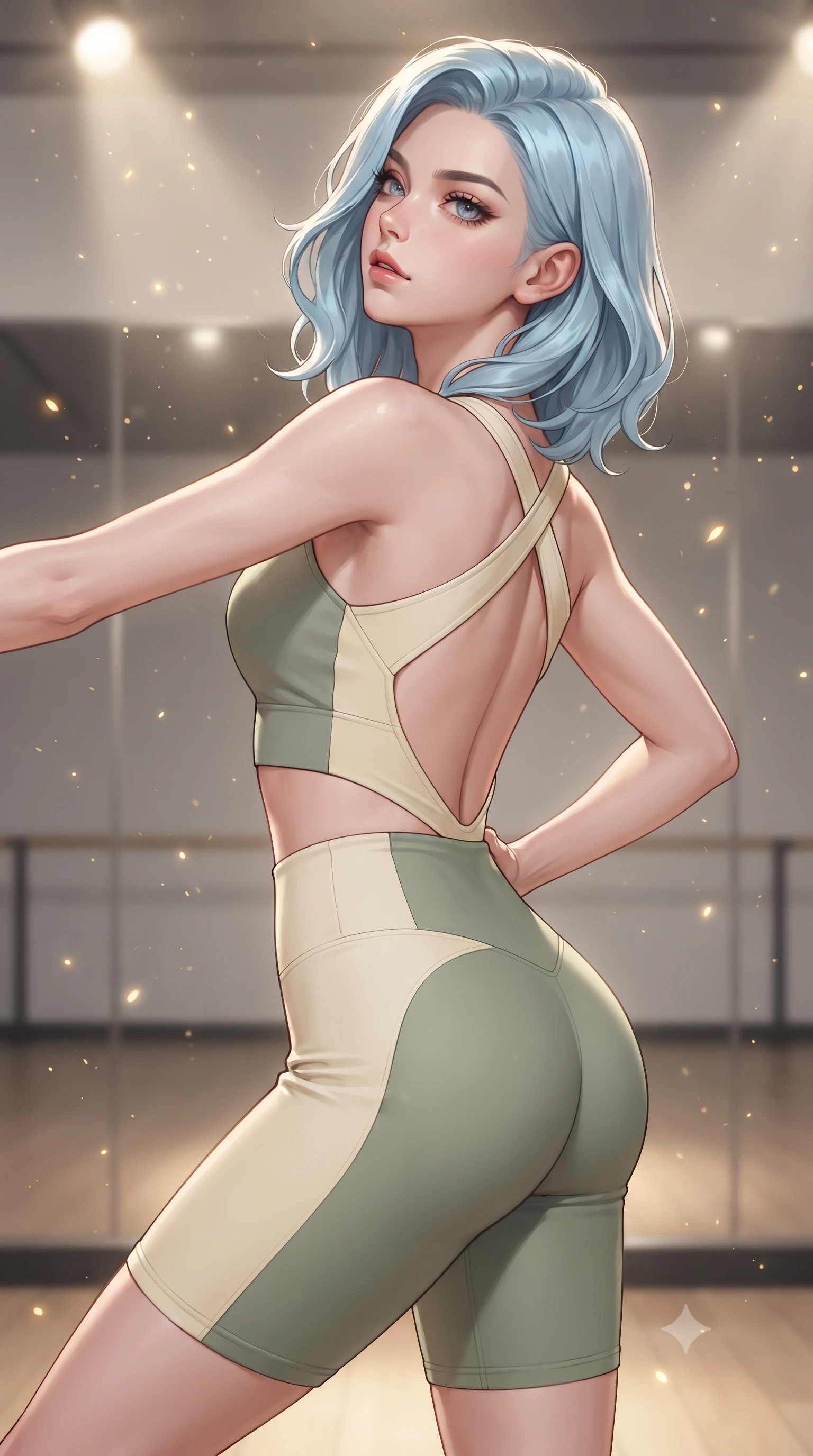 score_9, masterpiece, best quality, ultra-detailed, high-budget anime keyframe, editorial fashion photography, tasteful artistic composition, Korean woman. close-up cowboy shot from the waist and thighs up, the character dominates the composition, filling the frame with her large presence. tilting her chin up with proud, sovereign allure while gazing through thick eyelashes, one hand resting on her waist in pure supermodel charisma while executing an elegant mid-motion arabesque turn before the mirrors, the tight fabric sculpting her feminine hip contour with statuesque precision. The composition keeps background elements in soft focus with creamy bokeh. floating micro-chalk particles and spotlight beams scattering luminous golden light motes. She has an exceptionally elegant, slender, and willowy female figure with an ultra-slim waist, a gracefully sculpted slender torso, toned flat midriff, and rounded feminine hips creating an alluring hourglass silhouette. sharp v-shaped jawline, high-bridge nose, intricate jewel-like eyes with depth, thick eyelashes, glossy parted lips with a natural sheen, intensely captivating and seductive bedroom-eyes expression, flawlessly proportioned anatomical accuracy, strict slender model proportions, natural body alignment, perfectly sculpted long slender limbs, ultra-slim waistline, clean dynamic posture without body distortion. wearing a sporty asymmetrical crop tank paired with seamless contouring biker shorts in sage green and warm cream, crafted from compression spandex sculpting her athletic hourglass lines, accented with criss-cross satin back straps framing her bare spine and hips, the dramatically scooped open back descending to the base of her spine, accentuating her razor-sharp statuesque lines and curvy hourglass silhouette. surrounded by a disciplined, sensual, and exquisitely graceful haute-couture dancer aura. ultra-reflective glossy finish, specular highlights, rich textural contrasts, high-contrast stereoscopic depth, volumetric dynamic lighting, 2k, ultra detail, master piece, 9:16 ratio