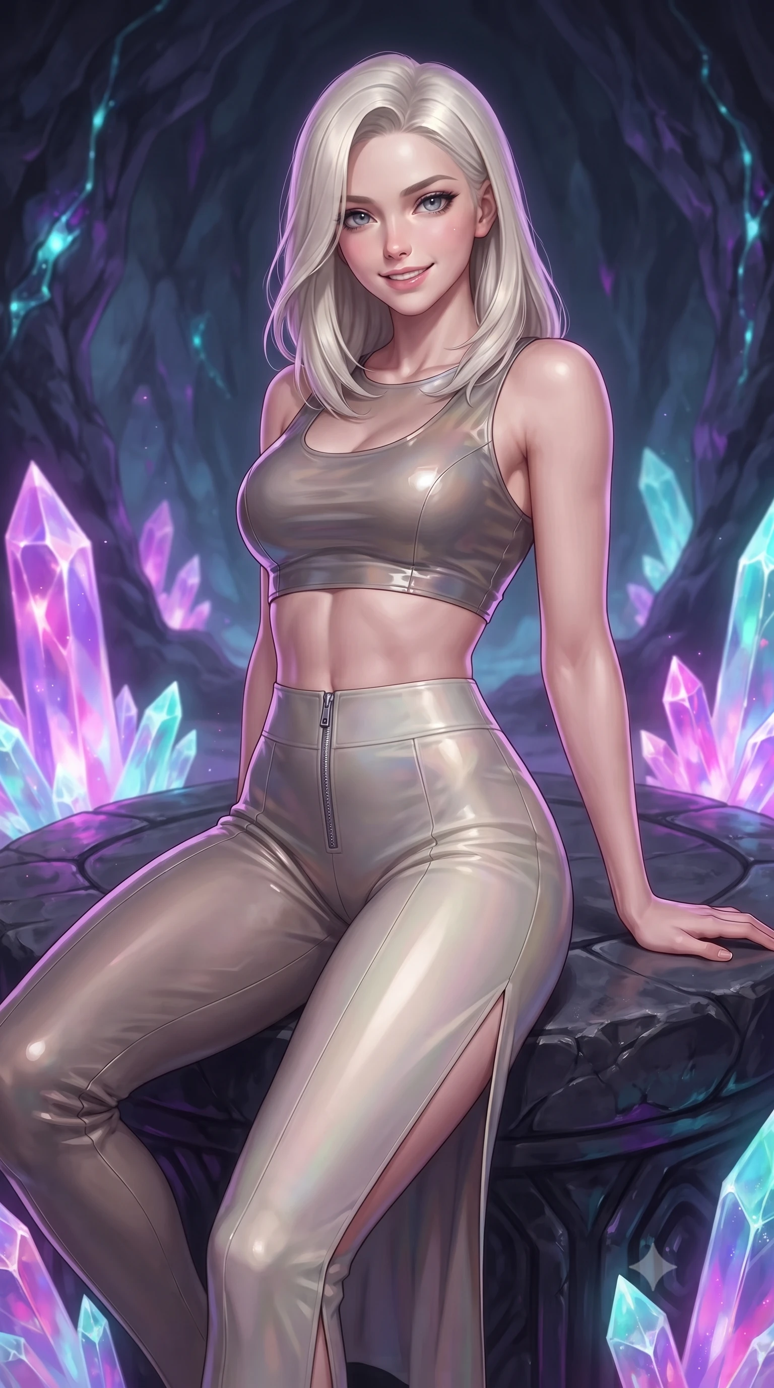 score_9, masterpiece, best quality, ultra-detailed, high-budget anime keyframe, editorial fashion photography, tasteful artistic composition, Caucasian woman. close-up cowboy shot from the waist and thighs up, the character dominates the composition, filling the frame with her large presence, background elements kept in soft focus. Smiling with quiet, magnetic self-assurance directly into the lens resting on a carved obsidian altar surrounded by radiant crystal shards, bioluminescent opal veins pulsing softly in the surrounding stone walls. She has an exceptionally elegant, slender, and willowy female figure with an ultra-slim waist, a gracefully sculpted slender torso, and a refined silhouette. sharp v-shaped jawline, high-bridge nose, intricate jewel-like eyes with depth, thick eyelashes, glossy lips with a natural sheen. wearing a glossy vinyl crop top and high-waist tailored leggings with sleek zippers in muted taupe and soft ivory, crafted from iridescent chiffon that shifts colors in the light, finished with a sleek side slit ascending to mid-thigh, the tailored fabric tightly following every curve of her athletic build. illuminated by radiant purple, magenta, and cyan crystal inner glow. ultra-reflective glossy finish, specular highlights, metallic sheen, high-contrast stereoscopic depth, volumetric dynamic lighting, 2k, ultra detail, master piece, 9:16 ratio