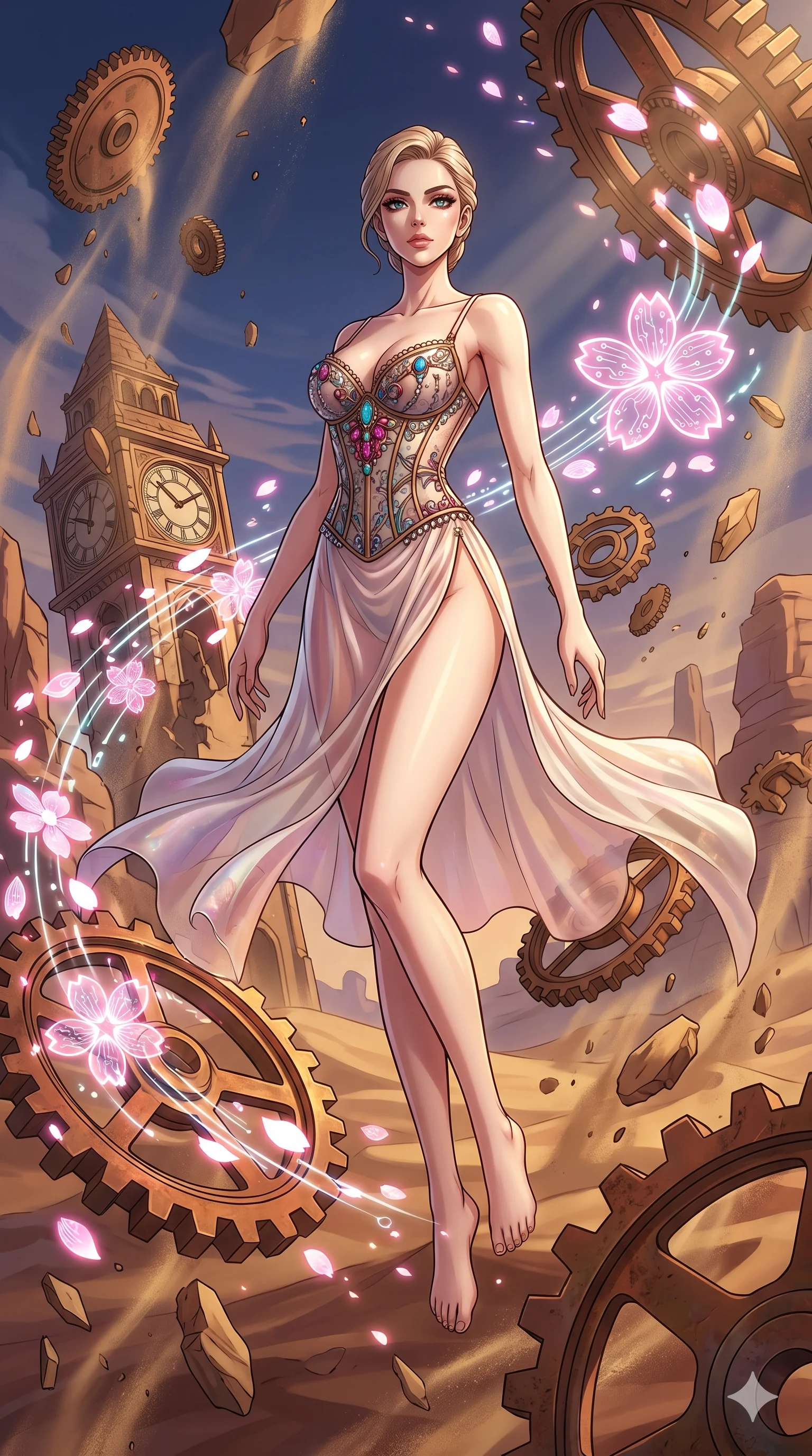 score_9, masterpiece, best quality, ultra-detailed, Set A: High-budget Anime Keyframe, Caucasian (strictly human ears) woman. Low angle cowboy shot filling the entire 9:16 frame with her statuesque presence. Floating through a clockwork desert, as gravity fails and everything around her floats in state 46 and surrounded by digital sakura petals. She has an absolutely perfect 8-heads proportion, an exceptionally tall and slender female figure with impossibly long slender legs and an ultra-slim waist. Sharp v-shaped jawline, high-bridge nose, intricate jewel-like eyes with depth, thick eyelashes, glossy lips with a natural sheen. Wearing Intricate jewel-encrusted corset over a sheer silk slip with high-cut leg line. Cinematic lighting, vibrant colors, dramatic shadows, 2k, ultra detail, master piece, 9:16 ratio