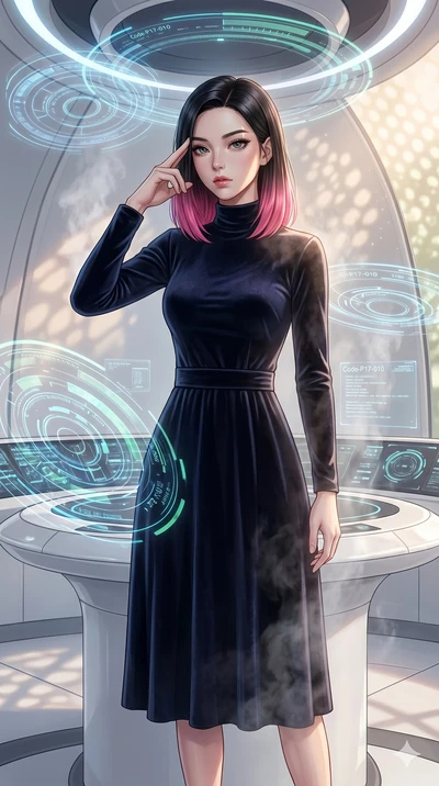 score_9, masterpiece, best quality, ultra-detailed, high-budget anime keyframe, editorial fashion photography, tasteful artistic composition, Korean woman. cowboy shot from the thighs up, character and outfit filling the frame for maximum editorial p