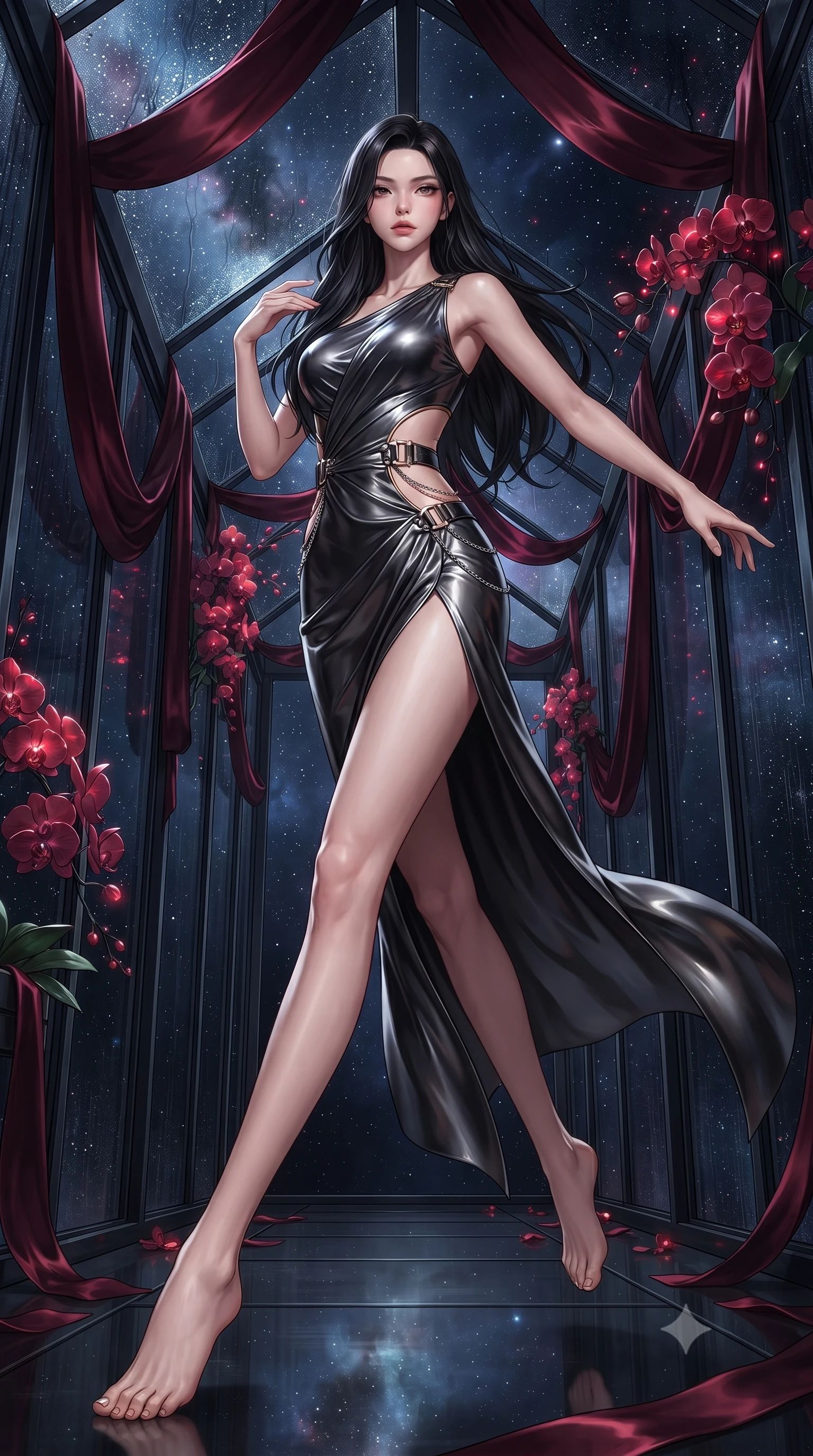 score_9, masterpiece, best quality, ultra-detailed, high-budget anime keyframe, editorial fashion photography, tasteful artistic composition, Korean woman. low angle full-body shot from head to toe showing her feet, filling the entire 9:16 vertical frame with her statuesque presence, stretching her vertical silhouette. leaping dynamically through the starry space, her posture full of power and elegance, walking down a glass corridor draped in heavy dark crimson silk ribbons, blooming red orchids casting subtle bioluminescent ruby highlights. She has an absolutely perfect, statuesque 8.5-heads proportion, an exceptionally tall and slender model-like female figure with impossibly long slender legs and an ultra-slim waist. sharp v-shaped jawline, high-bridge nose, intricate jewel-like eyes with depth, thick eyelashes, glossy lips with a natural sheen. wearing draped obsidian silk gown featuring tasteful waist slit cutouts in champagne gold, made of liquid dark mercury jersey, framed by dark titanium buckles and silver chain details, highlighting her statuesque proportions and ultra-slim waistline. lit by piercing key rays filtering through wet conservatory glass. ultra-reflective glossy finish, specular highlights, metallic sheen, high-contrast stereoscopic depth, volumetric dynamic lighting, 2k, ultra detail, master piece, 9:16 ratio