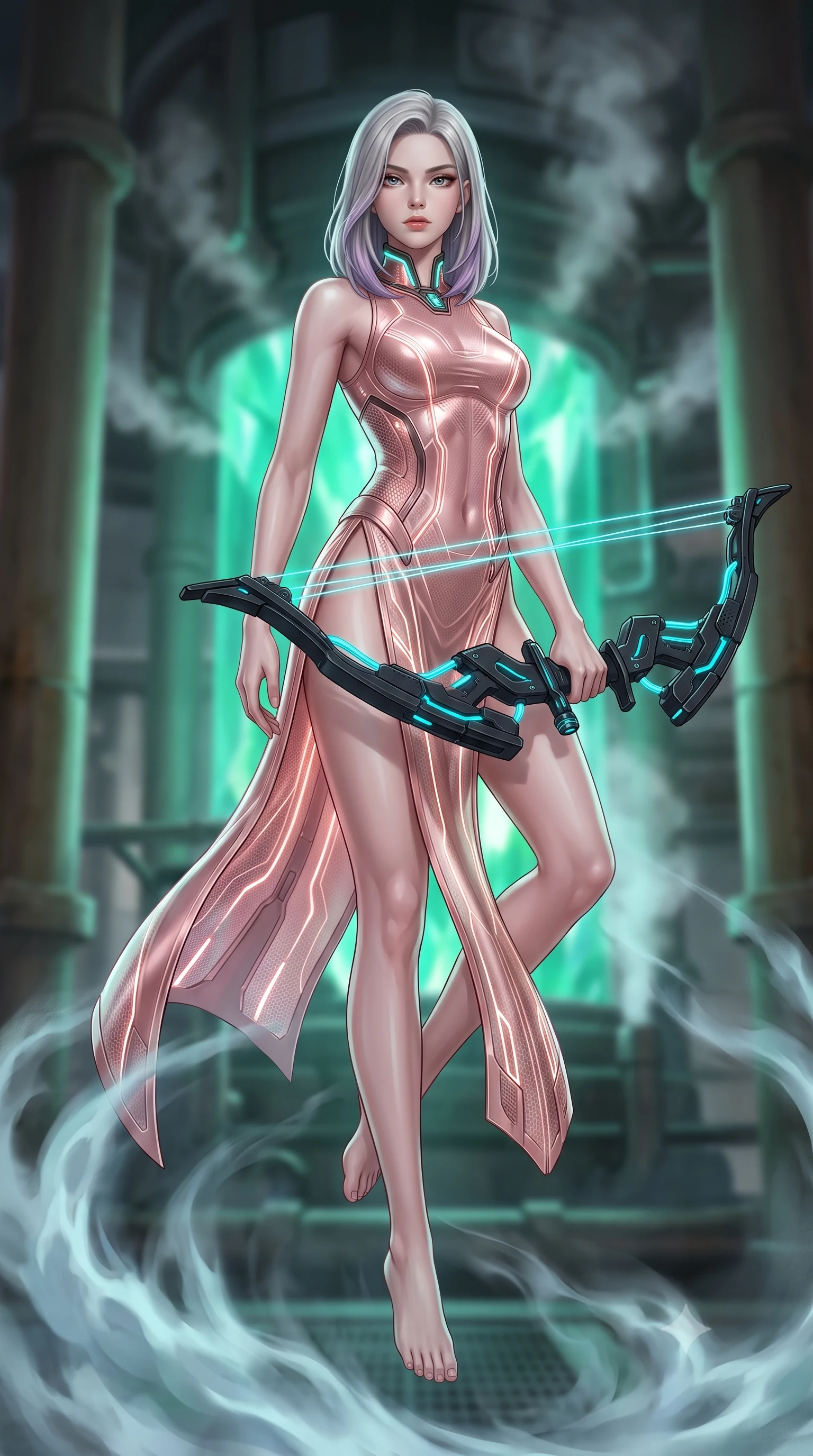 score_9, masterpiece, best quality, ultra-detailed, high-budget anime keyframe, semi-realistic 3D game render, editorial fashion photography, tasteful artistic composition, Caucasian woman. low angle full-body shot from head to toe showing her feet, filling the entire 9:16 vertical frame with her statuesque presence, stretching her vertical silhouette. performing an alluring mid-air combat landing with flawless poise, looking directly into the camera with regal, deadly intensity while resting her holographic bow with calm sovereign authority as swirling coolant mist flows around her slender ankles. The composition keeps background elements in soft focus with creamy bokeh. industrial reactor support pillars and steam condensation vents softened in dreamy atmospheric depth. She has an absolutely perfect, statuesque 8.5-heads proportion, an exceptionally tall and slender model-like female figure with impossibly long slender legs, a toned flat midriff, and an ultra-slim waist. sharp v-shaped jawline, high-bridge nose, intricate jewel-like eyes with depth, thick eyelashes, glossy lips with a natural sheen, flawlessly proportioned anatomical accuracy, strict slender model proportions, natural body alignment, perfectly sculpted long slender limbs, ultra-slim waistline, clean dynamic posture without body distortion. wearing a form-fitting luminous rose-gold carbon combat gown with tactical side slits, wielding a floating magnetic energy bow with celestial poise in matte obsidian carbon black with electric cyan conduits, crafted from semi-translucent cybernetic carbon-vinyl interwoven with glowing micro-filaments, featuring a sleek aerodynamic collar framed by subtle glowing cybernetic status LEDs, the glove-like aerodynamic second-skin fit tightly clinging to her ultra-slender waist and athletic curves without adding bulk, accentuating her razor-sharp statuesque lines and slim hourglass silhouette. bathed in intense radiant emerald crystal core backlighting and glowing photon bow illumination. rich saturated anime colors with glowing neon highlights, detailed shading with soft gradients, rich glossy textures, high-contrast stereoscopic depth, volumetric dynamic lighting, master piece, 9:16 ratio