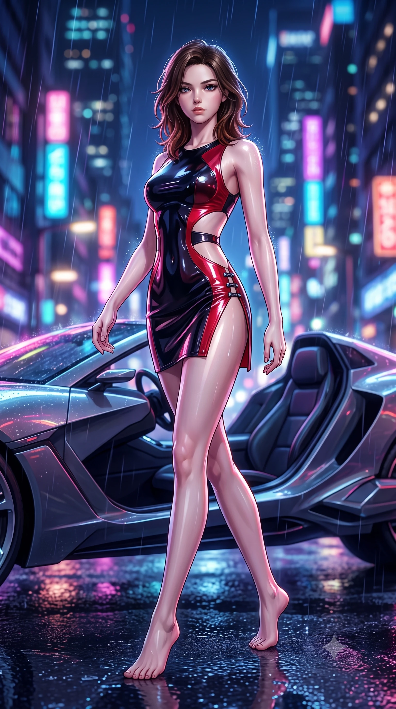 score_9, masterpiece, best quality, ultra-detailed, high-budget anime keyframe, semi-realistic 3D game render, editorial fashion photography, tasteful artistic composition, Korean woman. low angle full-body shot from head to toe showing her feet, filling the entire 9:16 vertical frame with her statuesque presence, stretching her vertical silhouette. striding forward in a proud, statuesque motion with a dangerous smolder, her vertical silhouette dominating the frame from head to toe while stepping gracefully from a futuristic speeder onto wet asphalt with city skyline reflections below. The composition keeps background elements in soft focus with creamy bokeh. neon-lit rain streaks and asphalt reflections scattering multi-colored light across a dark backdrop. She has an absolutely perfect, statuesque 8.5-heads proportion, an exceptionally tall and slender model-like female figure with impossibly long slender legs and an ultra-slim waist. sharp v-shaped jawline, high-bridge nose, intricate jewel-like eyes with depth, thick eyelashes, glossy lips with a natural sheen, flawlessly proportioned anatomical accuracy, natural body alignment, perfectly sculpted elegant limbs, clean dynamic posture without body distortion. wearing a second-skin fashion-latex mini dress with a clean architectural front, featuring an open-back design that wraps around the sides of her waist, showcasing her slender silhouette in glossy obsidian black and radiant crimson red, tailored from semi-translucent cybernetic vinyl with glowing micro-filaments, finished with an ultra-high side slit secured by miniature magnetic clasps, the daring cutouts accentuating her delicate midriff, graceful collarbones, and feminine contour. illuminated by glistening wet specular highlights and deep indigo urban shadows. highly saturated vibrant anime colors, detailed shading with soft gradients, rich glossy textures, high-contrast stereoscopic depth, volumetric dynamic lighting, master piece, 9:16 ratio