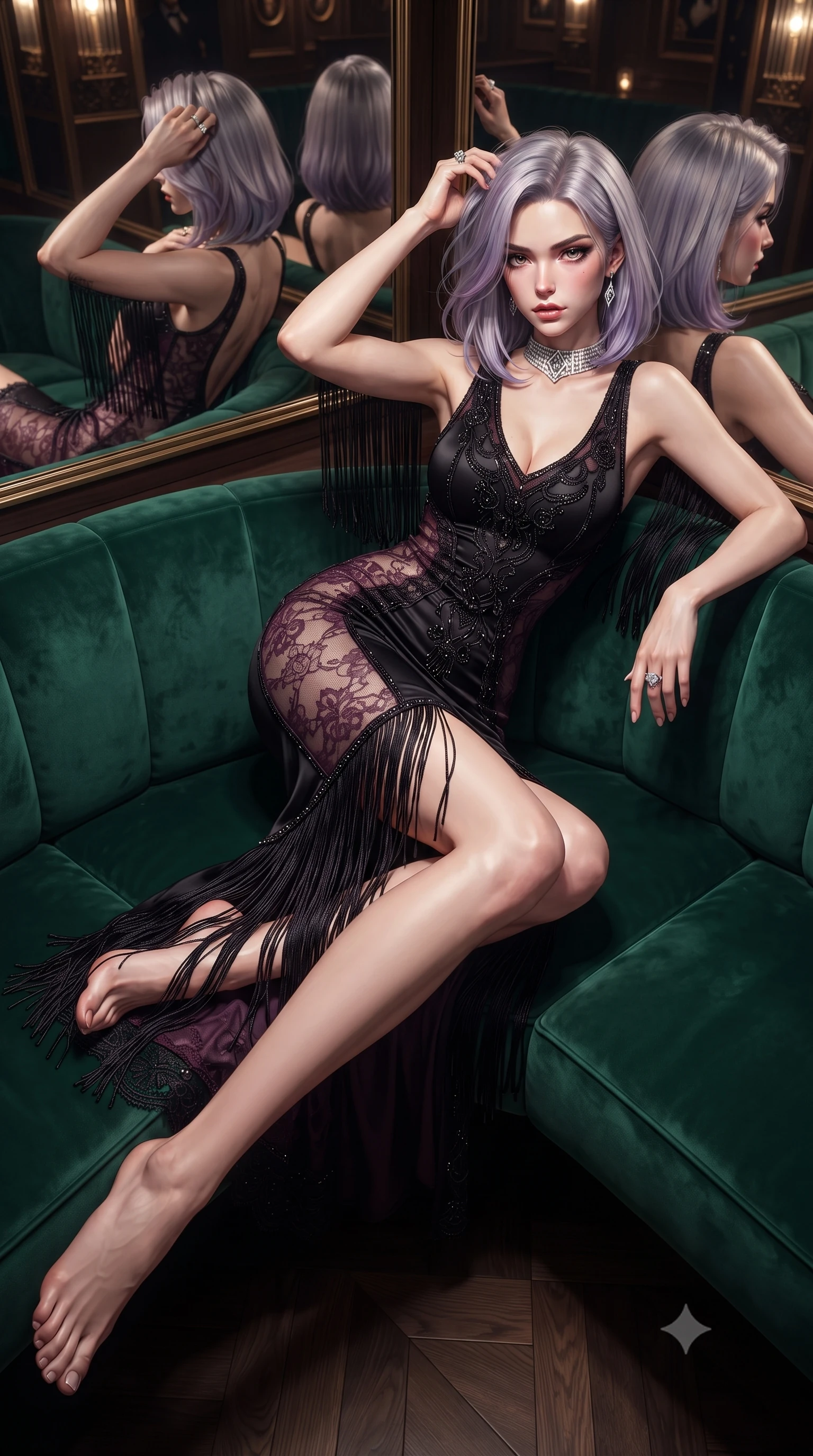 score_9, masterpiece, best quality, ultra-detailed, high-budget anime keyframe, editorial fashion photography, tasteful artistic composition, Caucasian woman. low angle full-body shot from head to toe showing her feet, filling the entire 9:16 vertical frame with her statuesque presence, stretching her vertical silhouette. reclining on her side in an elegant Cleopatra pose with one knee drawn up, the dramatic contour of her rounded hips and long slender legs commanding the 9:16 vertical frame while lounging languidly in a circular VIP booth of emerald velvet, running fingers through her glossy hair as jazz music drifts. The surrounding environment is rendered in vivid detail and crisp panoramic clarity. detailed fringe tassel movement, beaded dress embroidery, and mirror reflection clarity in high resolution. She has an absolutely perfect, statuesque 8.5-heads proportion, an exceptionally tall and slender model-like female figure with impossibly long slender legs, a toned flat midriff, an ultra-slim waist, and beautifully sculpted feminine hips. sharp v-shaped jawline, high-bridge nose, intricate jewel-like eyes with depth, thick eyelashes, glossy parted lips with a natural sheen, intensely captivating and seductive bedroom-eyes expression, flawlessly proportioned anatomical accuracy, strict slender model proportions, natural body alignment, perfectly sculpted long slender limbs, ultra-slim waistline, clean dynamic posture without body distortion. wearing a second-skin black silk jersey flapper gown with sheer lace side panels tracing her curves in deep plum violet and antique bronze, tailored from ultra-smooth duchess satin with a pearlescent sheen, complemented by a bold geometric diamond choker and glittering cocktail ring, the precision-cut side openings and low-back scoop framing her graceful spine and the sensual sweep of her hips. surrounded by an opulent, scandalous, and irresistibly intoxicating jazz-age siren aura. ultra-reflective glossy finish, specular highlights, rich textural contrasts, high-contrast stereoscopic depth, volumetric dynamic lighting, 2k, ultra detail, master piece, 9:16 ratio