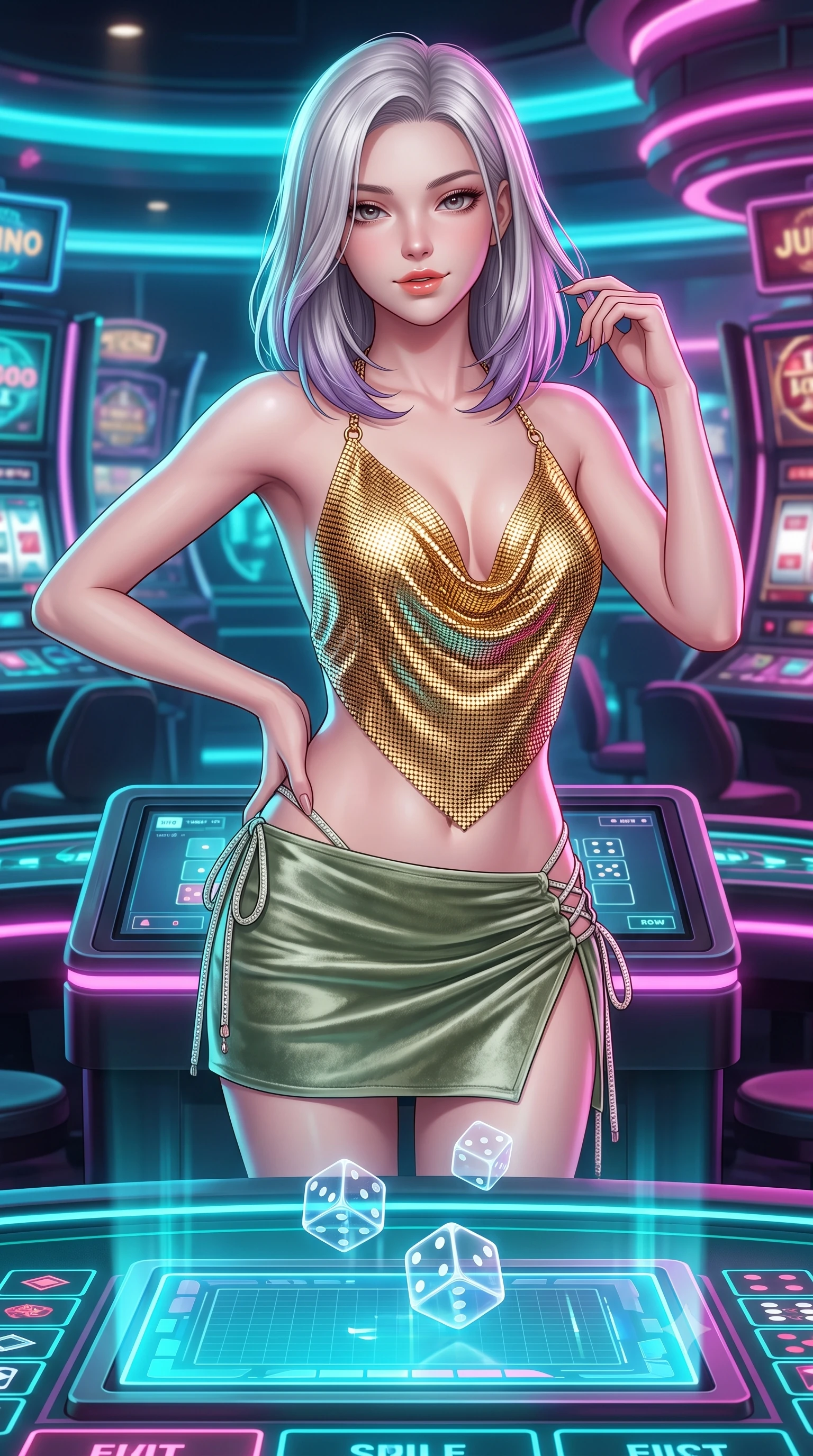 score_9, masterpiece, best quality, ultra-detailed, high-budget anime keyframe, semi-realistic 3D game render, editorial fashion photography, tasteful artistic composition, Caucasian woman. close-up cowboy shot from the waist and thighs up, the character dominates the composition, filling the frame with her large presence. twisting her slender torso in an alluring contrapposto stance, one hand resting on her sculpted hip while her fingers toy with her hair with effortless poise while standing poised at the holographic dice table, arching her spine with seductive poise as floating digital dice roll in mid-air. The surrounding environment is rendered in vivid detail and crisp panoramic clarity: detailed second-skin mesh bodysuit cling, glossy parted lips, and high-tech casino mechanics in high resolution. She has an exceptionally elegant, slender, and willowy female figure with an ultra-slim waist, flat toned midriff, narrow ribcage, and sculpted feminine hips creating an alluring, slim hourglass silhouette without bulk. sharp v-shaped jawline, high-bridge nose, sparkling eyes with hypnotic seductive depth, thick curled eyelashes, glossy parted lips with a natural dewy peach sheen, alluring bedroom-eyes with an enchanting coquettish smile, exuding magnetic siren charisma and sophisticated glamour, flawlessly proportioned anatomical accuracy, strict slender model proportions, natural body alignment, perfectly sculpted long slender limbs, ultra-slim waistline, clean dynamic posture without body distortion. wearing a plunging cowl-neck liquid gold chainmail halter top paired with an ultra-low-rise velvet mini skirt and side rhinestone ties in botanical sage green and pure pearlescent ivory with rose trims, woven from buttery-soft stretch lambskin leather adhering to her body like a second skin, featuring fine criss-cross lace-up side ties revealing tantalizing glimpses of her hip curve, the high-slit wrap tailoring accentuating her ultra-slim waistline and the enchanting curve of her feminine hips with alluring seductive charm. bathed in vibrant cyan and magenta light radiating directly from embedded table displays. highly saturated vibrant anime colors, detailed shading with soft gradients, rich glossy textures, high-contrast stereoscopic depth, volumetric dynamic lighting, master piece, 9:16 ratio