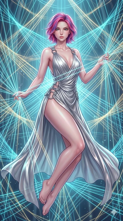 score_9, masterpiece, best quality, ultra-detailed, high-budget anime keyframe, Caucasian woman, strictly human ears. upper body close-up from the thighs up, character filling the screen for maximum presence. floating suspended in an ethereal loom ro