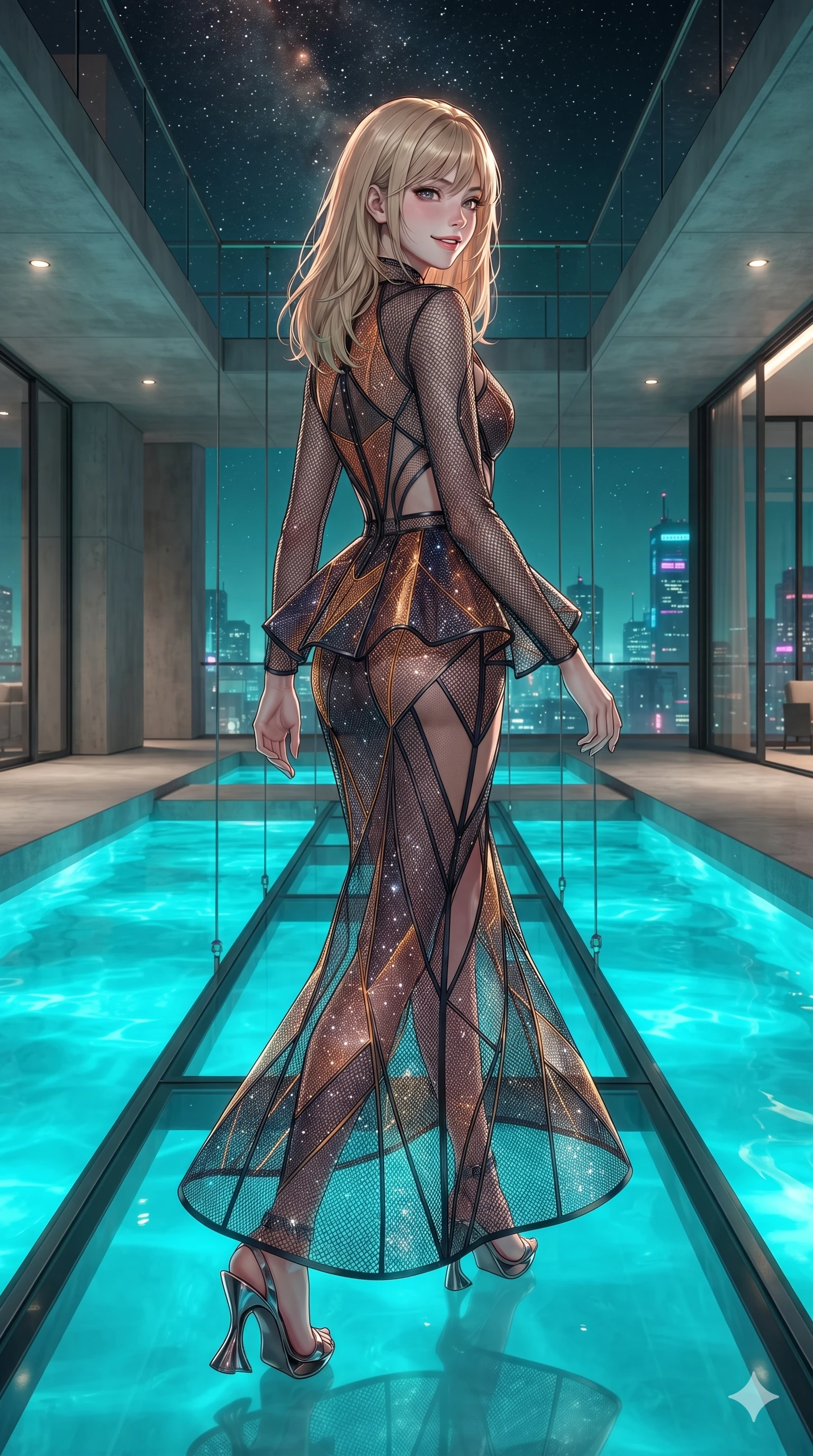 score_9, masterpiece, best quality, ultra-detailed, high-budget anime keyframe, editorial fashion photography, tasteful artistic composition, Japanese woman. low angle full-body shot from head to toe showing her feet, filling the entire 9:16 vertical frame with her statuesque presence, stretching her vertical silhouette. striding across the penthouse terrace as river breezes whip her high-slit dress open, accentuating her long slender legs and curvy hips while walking slowly along the suspended glass-bottom bridge, looking back over her shoulder with an air of effortless grace and an alluring, smoldering smile as glowing turquoise water rushes below. The surrounding environment is rendered in vivid detail and crisp panoramic clarity: detailed mermaid gown tailoring, open-back leather harness straps, and monumental aquatic architecture in razor-sharp clarity. She has an exceptionally tall and slender model-like 8.5-heads proportion, an ultra-slim waist, a flat toned midriff, narrow delicate ribcage, and beautifully sculpted feminine hips creating a graceful, slim hourglass silhouette without any bulky heaviness, with impossibly long slender legs. sharp v-shaped jawline, high-bridge nose, intricate jewel-like sparkling eyes with depth, thick eyelashes, glossy parted lips with a natural sheen, intensely captivating and seductive bedroom-eyes expression, exuding both youthful cute charm and sovereign luxury allure, flawlessly proportioned anatomical accuracy, strict slender model proportions, natural body alignment, perfectly sculpted long slender limbs, ultra-slim waistline, clean dynamic posture without body distortion. wearing a structural geometric peplum gown with sheer side-ribbon cutouts and form-fitting skirt in cosmic eclipse amber and starlight diamond, made of delicate semi-sheer nanotech mesh with microscopic hexagonal weaves, accented with an open-back drape framed by falling strands of delicate chrome chains, the form-contouring material adhering flawlessly to her sculpted flat midriff and slender torso, emphasizing her long leg lines and perfectly proportioned willowy build. bathed in the vibrant underwater turquoise illumination filtering through the glass floor mixed with warm overhead starlight. ultra-reflective glossy finish, specular highlights, rich textural contrasts, high-contrast stereoscopic depth, volumetric dynamic lighting, 2k, ultra detail, master piece, 9:16 ratio