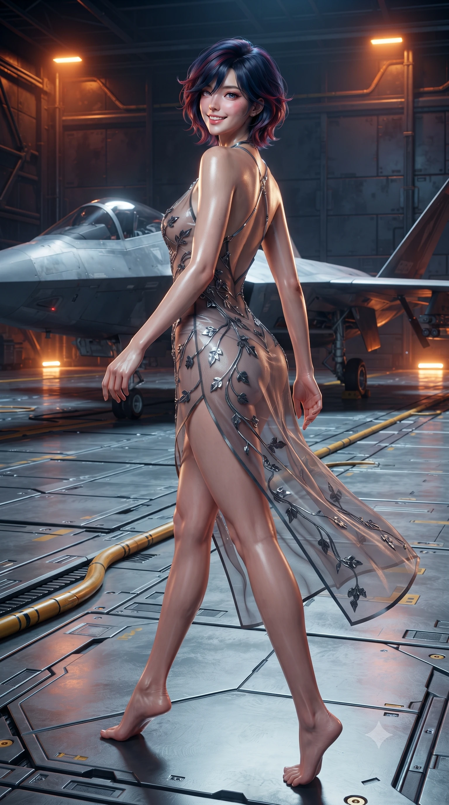 score_9, masterpiece, best quality, ultra-detailed, high-budget anime keyframe, editorial fashion photography, tasteful artistic composition, Korean woman. low angle full-body shot from head to toe showing her feet, filling the entire 9:16 vertical frame with her statuesque presence, stretching her vertical silhouette. walking along the terrace with poise, looking back over her bare shoulder with an irresistible smoldering bedroom-gaze while twisting her slender torso in an alluring S-curve beside the parked interceptor fighter, charging magnetic field arcs highlighting her flat midriff and hourglass curves. The surrounding environment is rendered in vivid detail and crisp panoramic clarity: sharp heavy-duty industrial titanium deck plates, yellow magnetic warning conduits, and crisp interlocking armor panels in deep focus. She has an exceptionally tall and slender model-like 8.5-heads proportion, an ultra-slim waist, a flat toned midriff, narrow delicate ribcage, and beautifully sculpted feminine hips creating a graceful, slim hourglass silhouette without any bulky heaviness, with impossibly long slender legs. sharp v-shaped jawline, high-bridge nose, intricate jewel-like sparkling eyes with depth, thick eyelashes, glossy parted lips with a natural peach sheen, bright cheerful beaming smile with an enchanting and coquettish sensual glint, exuding both youthful cute charm and seductive allure, flawlessly proportioned anatomical accuracy, strict slender model proportions, natural body alignment, perfectly sculpted long slender limbs, ultra-slim waistline, clean dynamic posture without body distortion. wearing a provocative sheer noir illusion mesh combat dress with embroidered climbing metallic ivy ribbons contouring her curves in liquid mercury chrome and stealth charcoal, crafted from translucent silk organza with an ethereal crystalline sheen, accented with a chrome-drop body harness subtly framing her dewy collarbones and spine, the high-slit wrap tailoring accentuating her ultra-slim waistline and the enchanting curve of her feminine hips with alluring seductive charm. bathed in high-voltage orange runway guide strobes contrasted with cold electric-cyan magnetic coil pulses. ultra-reflective glossy finish, specular highlights, rich textural contrasts, high-contrast stereoscopic depth, volumetric dynamic lighting, 2k, ultra detail, master piece, 9:16 ratio