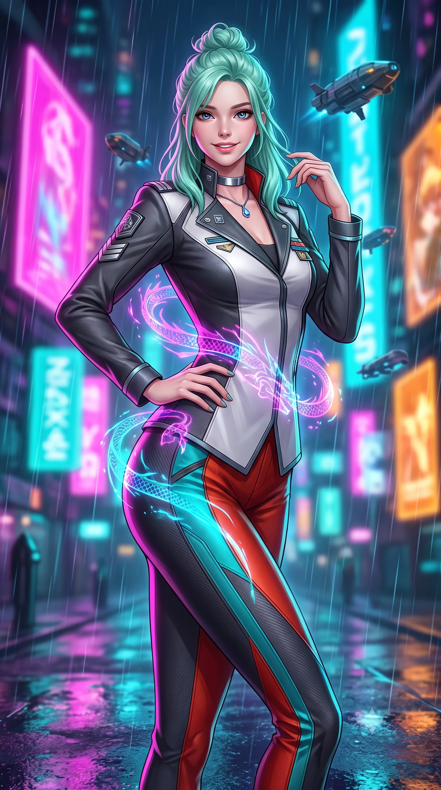 score_9, masterpiece, best quality, ultra-detailed, high-budget anime keyframe, semi-realistic 3D game render, editorial fashion photography, tasteful artistic composition, Japanese woman. close-up cowboy shot from the waist and thighs up, the character dominates the composition, filling the frame with her large presence. twisting her slender torso in an alluring contrapposto stance, one hand resting on her sculpted hip while her fingers toy with her hair with effortless poise while twisting her slender torso in an alluring contrapposto stance, dripping holographic dragon signs painting electric magenta and cyan across her narrow waist and hips. The background shows a soft-focus towering vertical holographic neon billboards, dripping rain curtains, and swarms of hovering tactical aerocars blurred into fuchsia, turquoise, and amber bokeh. She has an exceptionally elegant, slender, and willowy female figure with an ultra-slim waist, flat toned midriff, narrow ribcage, and sculpted feminine hips creating an alluring, slim hourglass silhouette without bulk. sharp v-shaped jawline, high-bridge nose, intricate jewel-like sparkling eyes with depth, thick eyelashes, glossy parted lips with a natural peach sheen, bright cheerful beaming smile with an enchanting and coquettish sensual glint, exuding both youthful cute charm and seductive allure, flawlessly proportioned anatomical accuracy, strict slender model proportions, natural body alignment, perfectly sculpted long slender limbs, ultra-slim waistline, clean dynamic posture without body distortion. wearing a tailored orbital colony command uniform in dark grey and white paneling with rank insignia pins and tailored straight-leg trousers in cyber-shinto vermilion and laser turquoise, woven from structured carbon-fiber jacquard with rich textural depth, finished with a minimalist chrome choker and a single teardrop diamond pendant, the impeccably tailored cut draping gracefully along her slender figure with aristocratic poise. illuminated by wet pavement reflection bounce and sharp laser-cyan rim lights defining her jawline, narrow waist, and curvy hips. highly saturated vibrant anime colors, detailed shading with soft gradients, rich glossy textures, high-contrast stereoscopic depth, volumetric dynamic lighting, master piece, 9:16 ratio