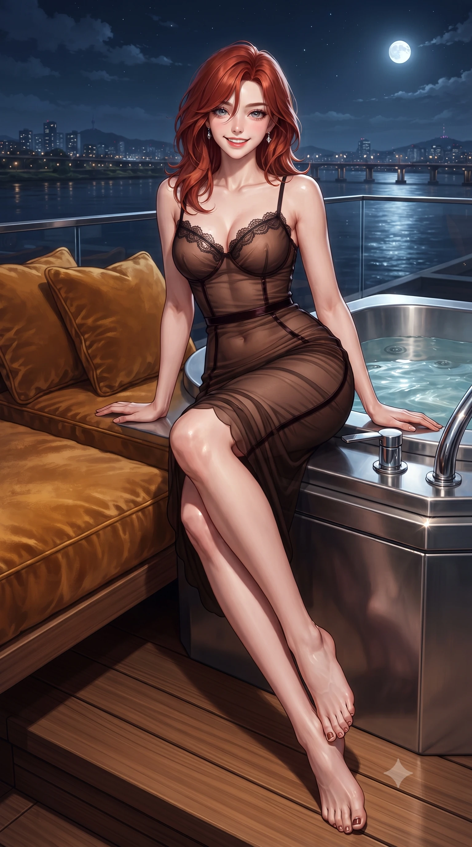 score_9, masterpiece, best quality, ultra-detailed, high-budget anime keyframe, editorial fashion photography, tasteful artistic composition, Korean woman. low angle full-body shot from head to toe showing her feet, filling the entire 9:16 vertical frame with her statuesque presence, stretching her vertical silhouette. lounging on the lavish daybed with legs crossed and hips angled toward the camera, displaying her toned midriff and long slender limbs with effortless siren poise while lounging in the heated water propped on the jacuzzi rim, her long slender limbs and toned silhouette commanding the moonlit river panorama. The surrounding environment is rendered in vivid detail and crisp panoramic clarity: sharp teak boardwalk grain, clear glass balustrade edge bevels, and stainless steel jacuzzi fittings in deep focus. She has an exceptionally tall and slender model-like 8.5-heads proportion, an ultra-slim waist, a flat toned midriff, narrow delicate ribcage, and beautifully sculpted feminine hips creating a graceful, slim hourglass silhouette without any bulky heaviness, with impossibly long slender legs. sharp v-shaped jawline, high-bridge nose, intricate jewel-like sparkling eyes with depth, thick eyelashes, glossy parted lips with a natural peach sheen, bright cheerful beaming smile with an enchanting and coquettish sensual glint, exuding both youthful cute charm and seductive allure, flawlessly proportioned anatomical accuracy, strict slender model proportions, natural body alignment, perfectly sculpted long slender limbs, ultra-slim waistline, clean dynamic posture without body distortion. wearing a provocative semi-sheer tulle cocktail dress with velvet ribbon piping contouring her narrow waist and hips in Hannam-dong glowing amber and rich dark espresso, crafted from fluid liquid silk satin that clings smoothly to her narrow waist and rounded hips with a dewy sheen, finished with scalloped eyelash lace trim framing her sweetheart neckline with intimate elegance, the second-skin tailored fabric adhering flawlessly to her sculpted flat midriff and slender torso, emphasizing her long leg lines and perfectly proportioned willowy build. illuminated by water surface reflection bounce and sharp silver-gold rim lights sculpting her dewy collarbones, ultra-slim waist, and curvy hips. ultra-reflective glossy finish, specular highlights, rich textural contrasts, high-contrast stereoscopic depth, volumetric dynamic lighting, 2k, ultra detail, master piece, 9:16 ratio