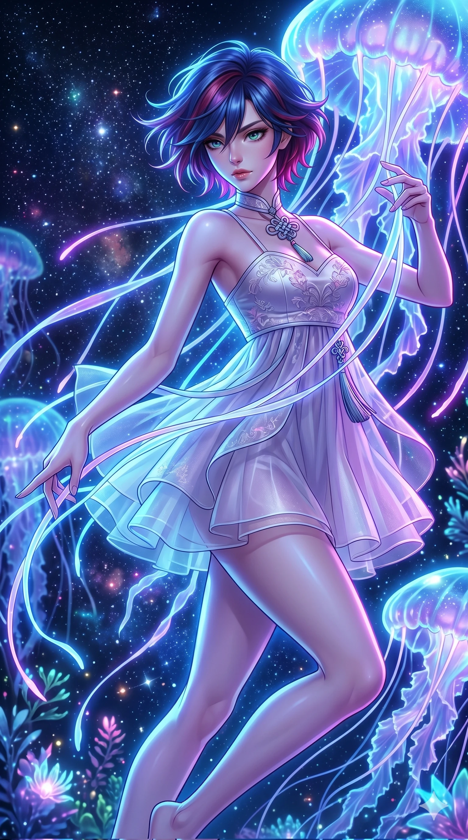 score_9, masterpiece, best quality, ultra-detailed, high-budget anime keyframe, Japanese woman. upper body close-up from the thighs up, character filling the screen for maximum presence. swirling gracefully among the glowing ribbon-like tentacles of giant bioluminescent jellyfish floating in a starry sky garden. She has an absolutely perfect 8-heads proportion, an exceptionally tall and slender female figure with impossibly long slender legs and an ultra-slim waist. V-shaped jawline, high-bridge nose, intricate jewel-like eyes with depth, thick eyelashes, glossy lips with a natural sheen.. wearing a modern fusion silk hanbok dress, featuring a silk bustier top, layered sheer organza skirts, and a traditional knot choker. bathed in brilliant cinematic volumetric lighting and intense neon rim light highlighting her slender form. 2k, ultra detail, master piece, 9:16 ratio