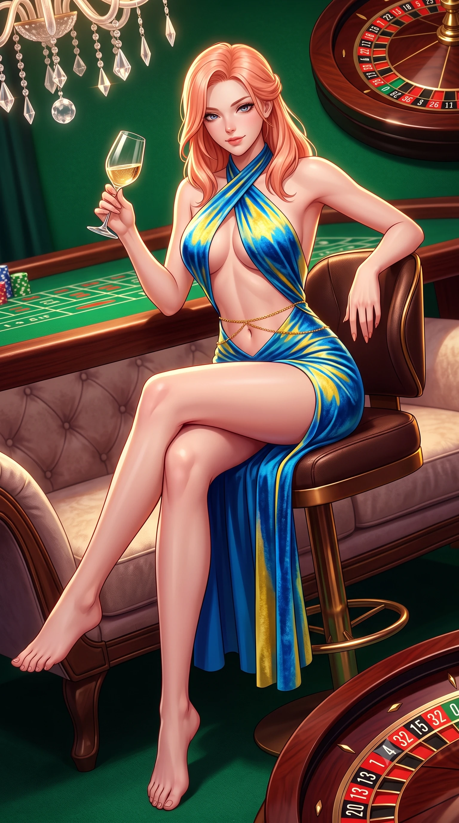score_9, masterpiece, best quality, ultra-detailed, high-budget anime keyframe, semi-realistic 3D game render, editorial fashion photography, tasteful artistic composition, Japanese woman. low angle full-body shot from head to toe showing her feet, filling the entire 9:16 vertical frame with her statuesque presence, stretching her vertical silhouette. reclining gracefully across the plush chaise lounge with one leg extended, her sculpted silhouette and flat midriff radiating magnetic nocturnal glamour while perched sideways on the high leather gaming stool with legs crossed, swirling a glass of Dom Pérignon with sovereign high-roller glamour. The surrounding environment is rendered in vivid detail and crisp panoramic clarity: sharp emerald baize felt texture, crystal chandelier pendant facets, and lacquered mahogany roulette wheel rim in deep focus. She has an absolutely perfect, statuesque 8.5-heads proportion, an exceptionally tall and slender model-like female figure with impossibly long slender legs, an ultra-slim waist, a flat toned midriff, narrow delicate ribcage, and beautifully sculpted feminine hips creating a graceful, slim hourglass silhouette without any bulky heaviness. sharp v-shaped jawline, high-bridge nose, sparkling eyes with hypnotic seductive depth, thick curled eyelashes, glossy parted lips with a natural dewy peach sheen, alluring bedroom-eyes with an enchanting coquettish smile, exuding magnetic siren charisma and sophisticated glamour, flawlessly proportioned anatomical accuracy, strict slender model proportions, natural body alignment, perfectly sculpted long slender limbs, ultra-slim waistline, clean dynamic posture without body distortion. wearing a criss-cross halterneck keyhole bodysuit with open back and sculpted waist darts in Amalfi azure blue and sunlit lemon gold, tailored from ultra-plush velvet with rich tactile depth and deep shadow gradients, accented with a dainty gold belly chain resting across her flat midriff and curving hips, the second-skin tailored fabric adhering flawlessly to her sculpted flat midriff and slender torso, emphasizing her long leg lines and perfectly proportioned willowy build. illuminated by mahogany table surface bounce and sharp royal-gold rim lights defining her razor-sharp jawline, narrow waist, and curvy hips. highly saturated vibrant anime colors, detailed shading with soft gradients, rich glossy textures, high-contrast stereoscopic depth, volumetric dynamic lighting, master piece, 9:16 ratio