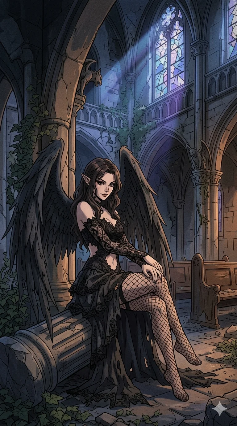 score_9, masterpiece, best quality, ultra-detailed, high-budget anime keyframe, an incredibly beautiful Caucasian woman (strictly human ears). Medium shot of upper body focusing on her alluring features and slim-fit silhouette, filling the vertical 9:16 frame. She is a fallen angel resting in an abandoned cathedral. Her figure boasts an absolutely perfect 8-heads proportion, an exceptionally tall and slender build emphasizing a delicate skinny aesthetic. Her face is a highly detailed masterpiece featuring a sharp v-shaped jawline, high-bridge nose, intricate jewel-like eyes, thick eyelashes, and glossy lips. She is wearing a ragged black lace dress with sensual fishnet stockings and an exposed midriff. A ruined gothic cathedral with moonlight piercing through stained glass, dramatic shadows., 2k, ultra detail, master piece, 9:16 ratio