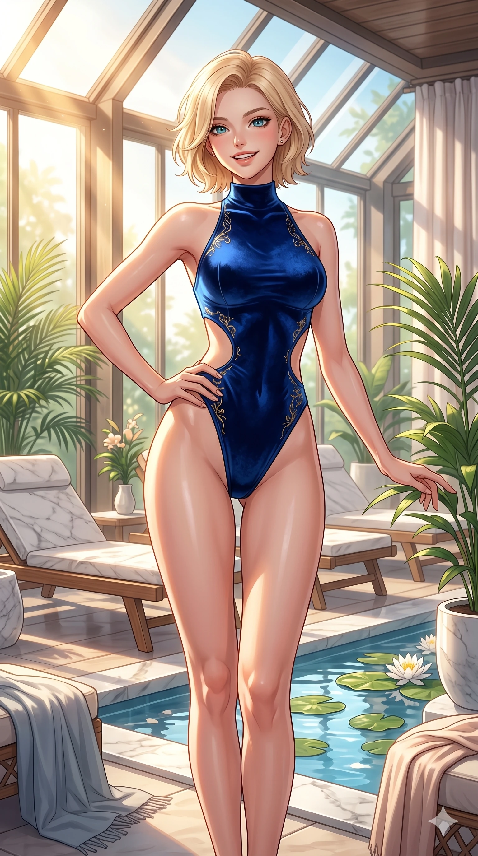 score_9, masterpiece, best quality, ultra-detailed, high-budget anime keyframe, vibrant anime aesthetic, Caucasian woman, strictly human ears. cowboy shot from the thighs up, character and outfit filling the frame for maximum presence. She is standing proud in the sun, her lips curved in a warm, lively grin inside a luxury spa lounge with sunlit streams (Code-P20-106). She has an absolutely perfect 8-heads proportion, an exceptionally tall and slender female figure with impossibly long slender legs and an ultra-slim waist. V-shaped jawline, high-bridge nose, intricate jewel-like eyes with depth, thick eyelashes, glossy lips with a natural sheen. wearing a high-cut leg bodysuit with exposed waist. She is drenched in warm morning sunshine filtering through the conservatory glass, tracing her bare skin. 2k, ultra detail, master piece, 9:16 ratio