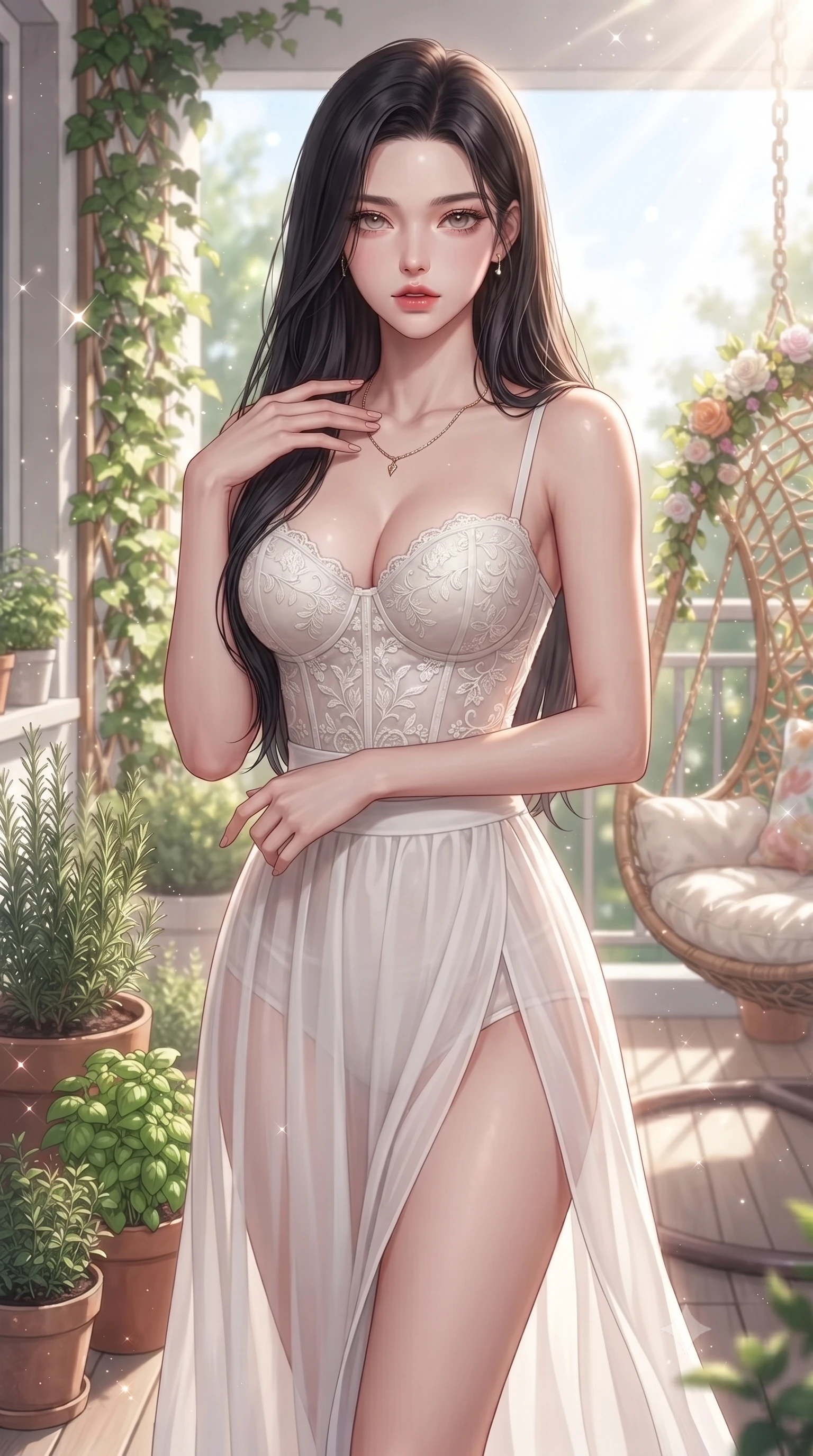 score_9, masterpiece, best quality, ultra-detailed, high-budget anime keyframe, editorial fashion photography, tasteful artistic composition, Korean woman woman. close-up cowboy shot from the waist and thighs up, the character dominates the composition, filling the frame with her large presence, background elements kept in soft focus. standing with one hand resting on her collarbone, looking at the viewer with bedroom-eyes the background shows a soft-focus a residential balcony decorated with potted herbs, climbing ivy, and a flower swing chair. She has an exceptionally elegant, slender, and willowy female figure with an ultra-slim waist, a gracefully sculpted slender torso, and a refined silhouette. sharp v-shaped jawline, high-bridge nose, intricate jewel-like eyes with depth, thick eyelashes, glossy lips with a natural sheen. wearing a body-hugging delicate white lace bustier top paired with a sheer chiffon maxi skirt featuring a high side slit. bright morning sun rays creating a fresh and energetic mood. ultra-reflective glossy finish, specular highlights, metallic sheen, high-contrast stereoscopic depth, volumetric dynamic lighting, 2k, ultra detail, master piece, 9:16 ratio