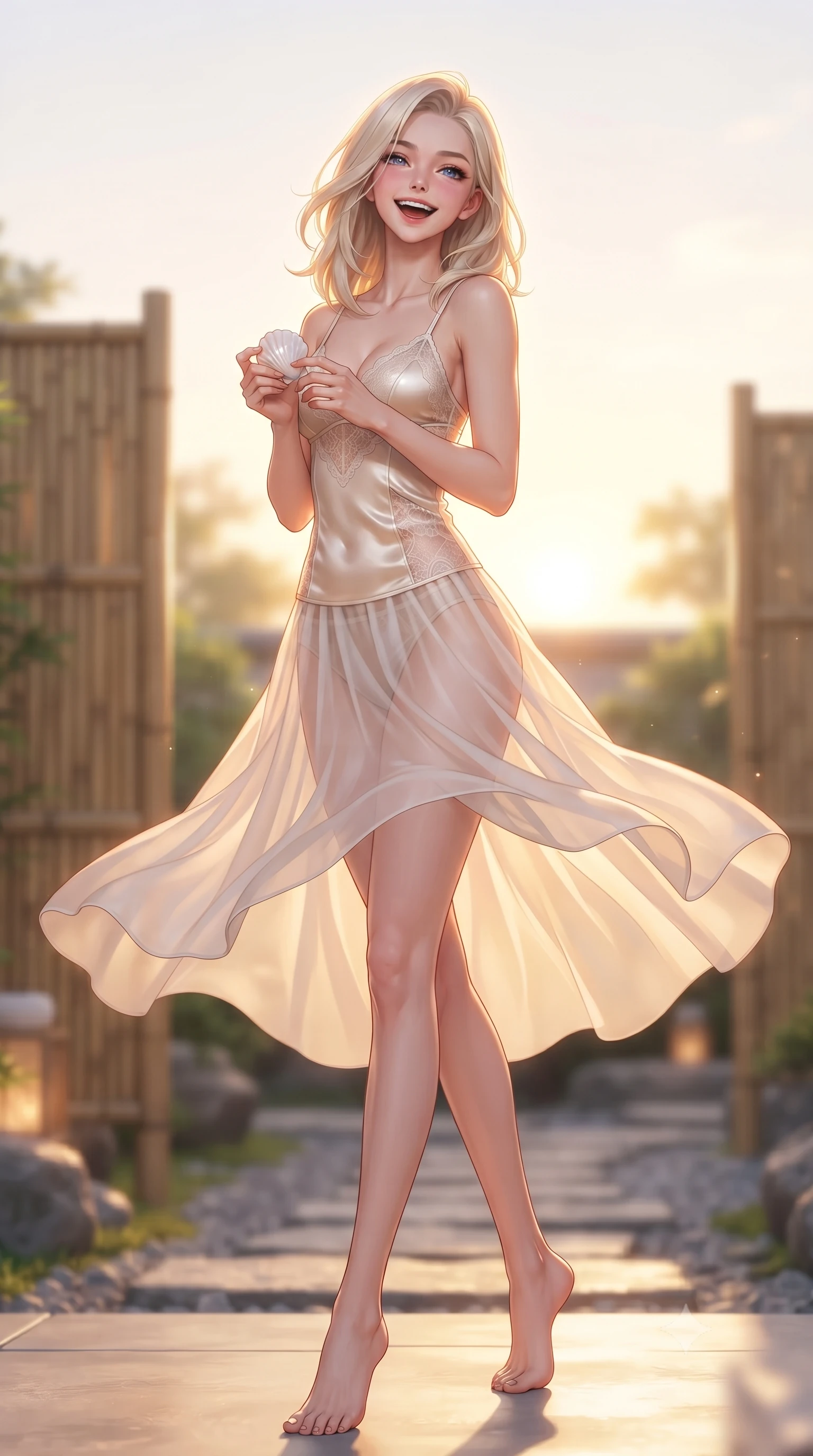 score_9, masterpiece, best quality, ultra-detailed, high-budget anime keyframe, editorial fashion photography, tasteful artistic composition, Caucasian woman. low angle full-body shot from head to toe showing her feet, filling the entire 9:16 vertical frame with her statuesque presence, stretching her vertical silhouette. twirling around with a playful, sensual laugh, her dress fluttering elegantly to accent her waistline set against a soft-focus background of in a peaceful wellness spa garden with bamboo partitions and stone pathways holding a small seashell with a happy, cute expression. She has an absolutely perfect, statuesque 8.5-heads proportion, an exceptionally tall and slender model-like female figure with impossibly long slender legs and an ultra-slim waist. sharp v-shaped jawline, high-bridge nose, intricate jewel-like eyes with depth, thick eyelashes, glossy lips with a natural sheen. wearing form-contouring delicate silk camisole with lace panels, worn with a semi-opaque sheer maxi skirt. bright golden hour sunset tracing her silhouette with a warm glowing rim light. highly saturated vibrant anime colors, detailed shading with soft gradients, rich glossy textures, high-contrast stereoscopic depth, volumetric dynamic lighting, master piece, 9:16 ratio
