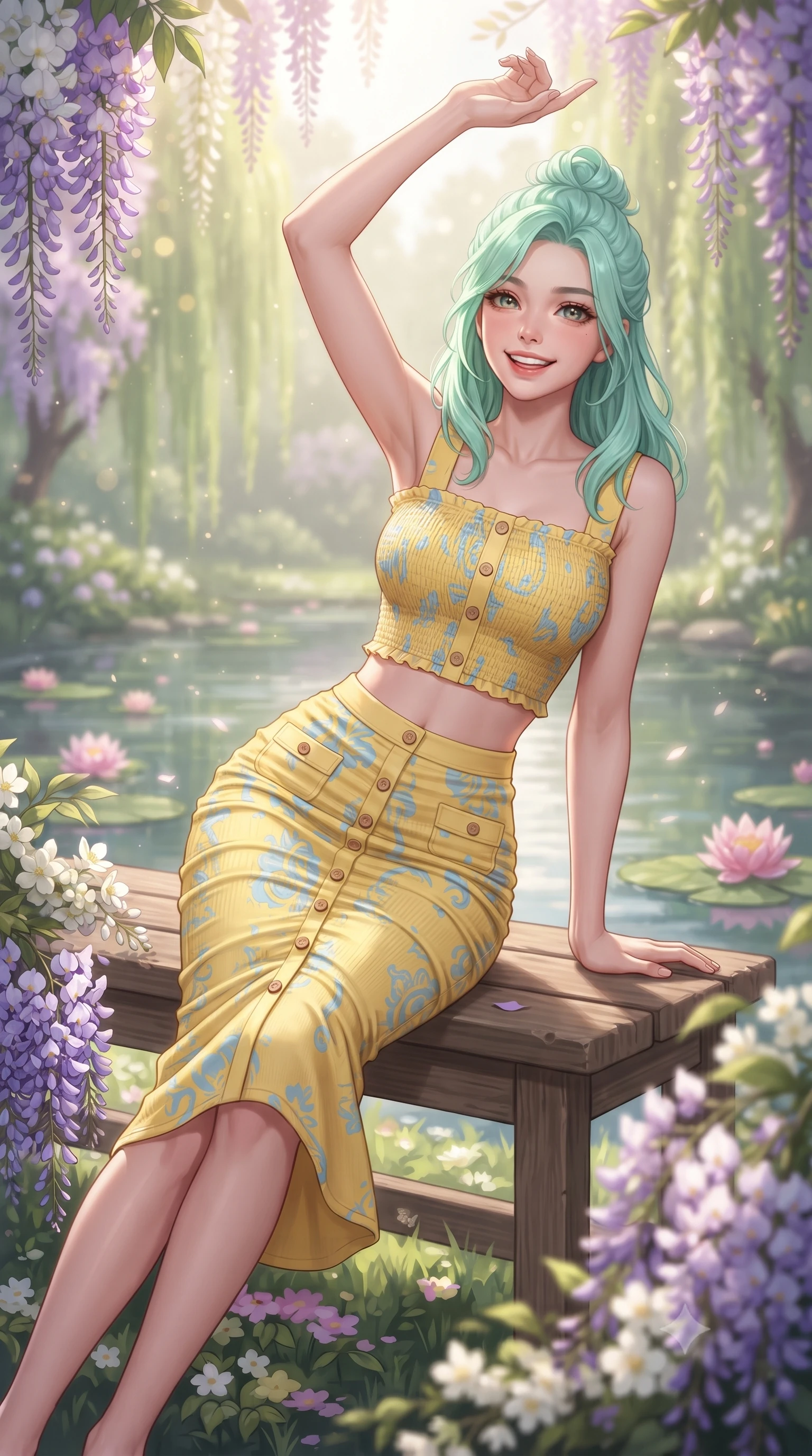 score_9, masterpiece, best quality, ultra-detailed, high-budget anime keyframe, editorial fashion photography, tasteful artistic composition, Japanese woman. close-up cowboy shot from the waist and thighs up, the character dominates the composition, filling the frame with her large presence. playfully stretching one arm overhead toward the sun, her radiant smile capturing fresh girlhood charm while her arched torso reveals an intoxicating hip contour while reclining on a wooden garden bench beside the pond, her long slender legs and curvy hips framed by blooming purple and white flowers. The composition keeps background elements in soft focus with dreamy creamy bokeh. blooming purple wisteria clusters, weeping willows, and floating pink water lilies blurred into emerald, violet, and shimmering gold bokeh. She has an exceptionally elegant, slender, and willowy female figure with an ultra-slim waist, flat toned midriff, narrow ribcage, and sculpted feminine hips creating an alluring, slim hourglass silhouette without bulk. sharp v-shaped jawline, high-bridge nose, intricate jewel-like sparkling eyes with depth, thick eyelashes, glossy parted lips with a natural peach sheen, bright cheerful beaming smile with an enchanting and coquettish sensual glint, exuding both youthful cute charm and seductive allure, flawlessly proportioned anatomical accuracy, strict slender model proportions, natural body alignment, perfectly sculpted long slender limbs, ultra-slim waistline, clean dynamic posture without body distortion. wearing a fitted square-neck smocked crop top paired with a curve-hugging ruched mermaid midi skirt in sunny daffodil yellow and clear sky blue, formed from supple second-skin stretch ribbed knit clinging to her form, finished with neat front wooden buttons and delicate pocket details, the liquid-tight tailored fabric clinging flawlessly to her narrow waist and rounded feminine hips, emphasizing every millimeter of her sculpted slim hourglass curves without any bulky heaviness. bathed in soft, radiant morning French sunshine filtering through wisteria blossoms. ultra-reflective glossy finish, specular highlights, rich textural contrasts, high-contrast stereoscopic depth, volumetric dynamic lighting, 2k, ultra detail, master piece, 9:16 ratio
