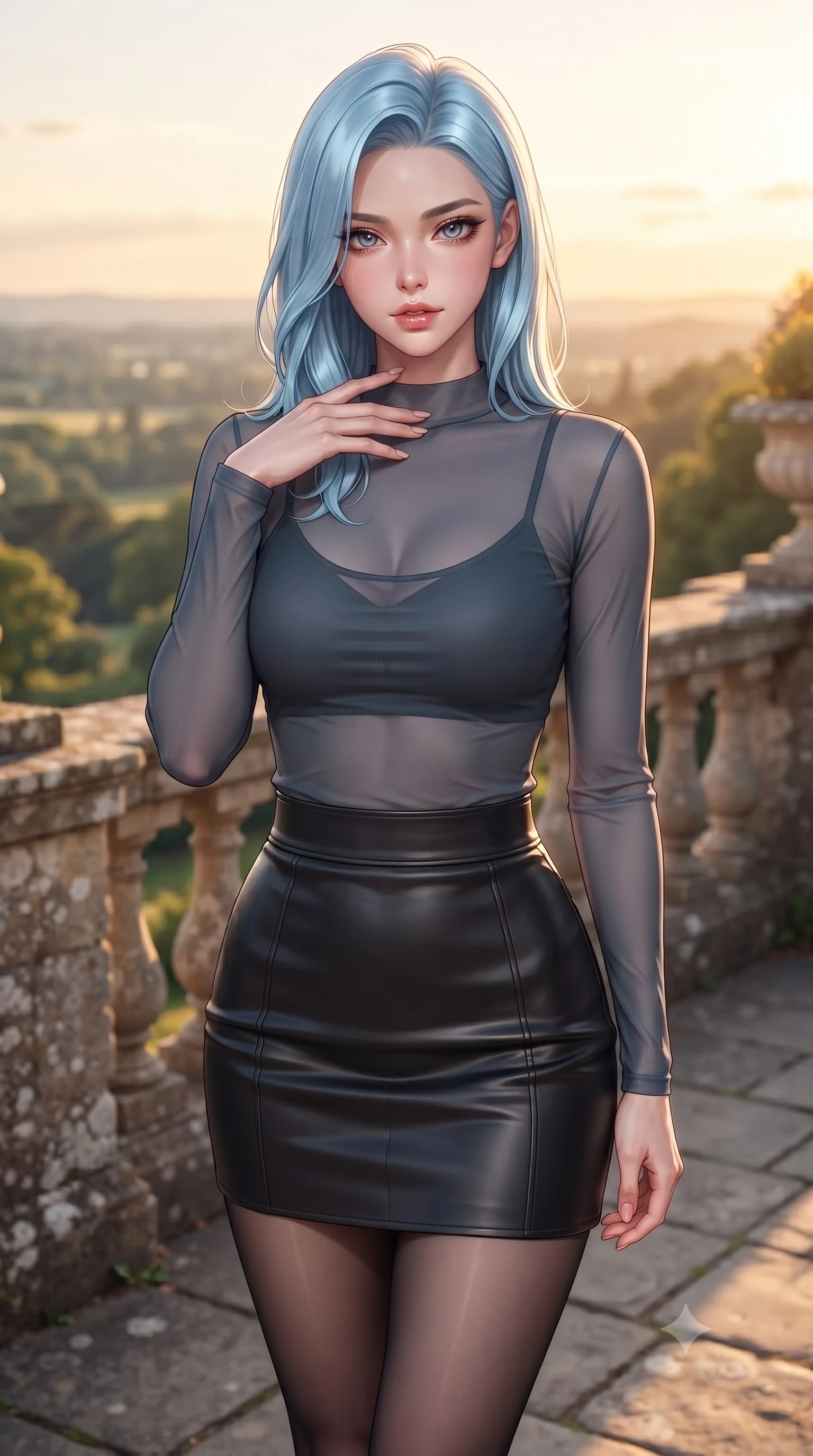 score_9, masterpiece, best quality, ultra-detailed, high-budget anime keyframe, editorial fashion photography, tasteful artistic composition, Korean woman. close-up cowboy shot from the waist and thighs up, the character dominates the composition, filling the frame with her large presence, background elements kept in soft focus. standing with one hand resting on her collarbone, looking at the viewer with bedroom-eyes the background shows a soft-focus a historic estate balustrade terrace looking down at a botanical valley at sunset. She has an exceptionally elegant, slender, and willowy female figure with an ultra-slim waist, a gracefully sculpted slender torso, and a refined silhouette. sharp v-shaped jawline, high-bridge nose, intricate jewel-like eyes with depth, thick eyelashes, glossy lips with a natural sheen. wearing a slim-fit semi-transparent mesh top in slate grey, paired with a leather mini skirt and sheer stockings. late afternoon sun casting a majestic golden glow over stone walls. highly saturated vibrant anime colors, detailed shading with soft gradients, rich glossy textures, high-contrast stereoscopic depth, volumetric dynamic lighting, master piece, 9:16 ratio