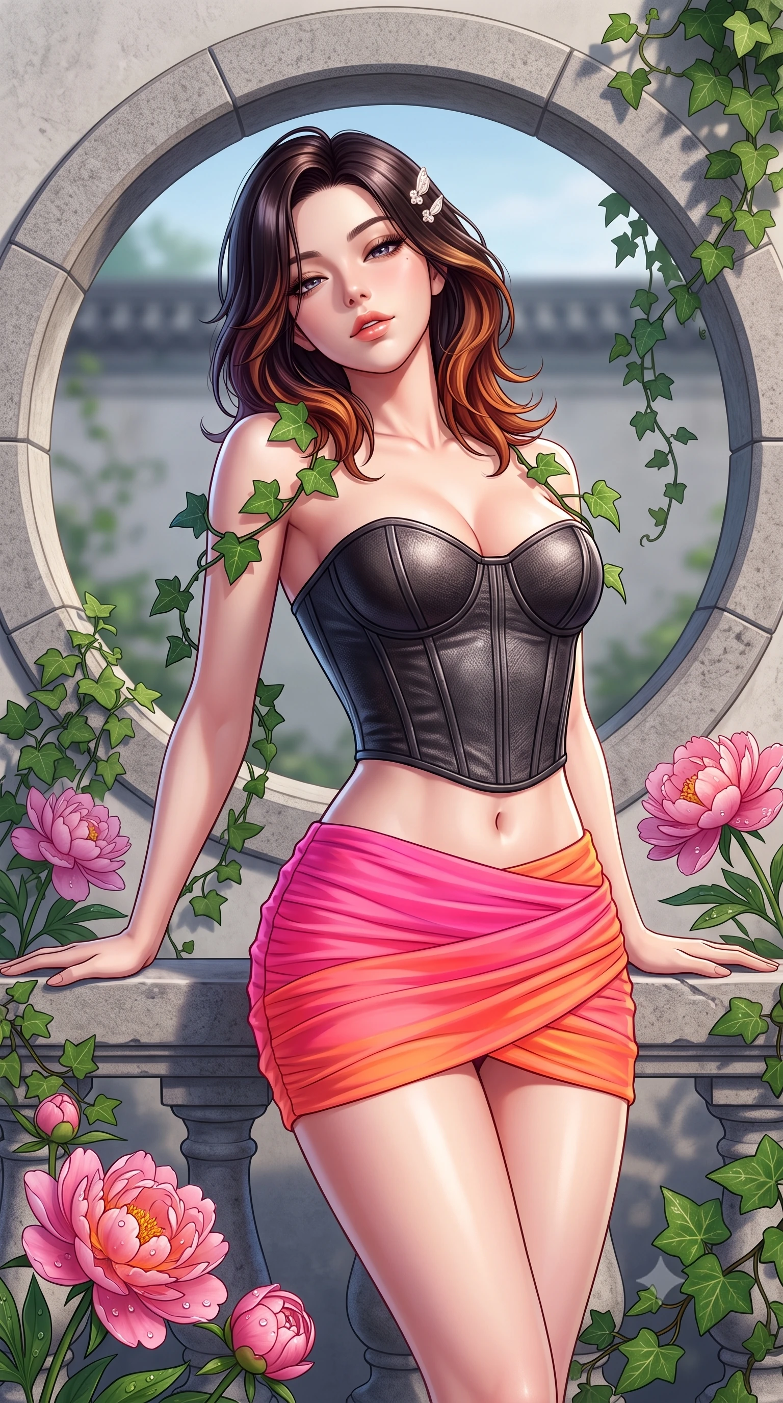 score_9, masterpiece, best quality, ultra-detailed, high-budget anime keyframe, semi-realistic 3D game render, editorial fashion photography, tasteful artistic composition, Korean woman. close-up cowboy shot from the waist and thighs up, the character dominates the composition, filling the frame with her large presence. leaning back against the balustrade with relaxed seductive grace, head tilted back slightly while casting a hypnotic, heavy-lidded gaze while framed within the circular stone moon gate, arching her spine with enchanting siren grace as ivy trails around her shoulders. The surrounding environment is rendered in vivid detail and crisp panoramic clarity: sharp cut-granite stone arch textures, wild peony petal dew droplets, and ivy leaf veins in deep focus. She has an exceptionally elegant, slender, and willowy female figure with an ultra-slim waist, flat toned midriff, narrow ribcage, and sculpted feminine hips creating an alluring, slim hourglass silhouette without bulk. sharp v-shaped jawline, high-bridge nose, sparkling eyes with hypnotic seductive depth, thick curled eyelashes, glossy parted lips with a natural dewy peach sheen, alluring bedroom-eyes with an enchanting coquettish smile, exuding magnetic siren charisma and sophisticated glamour, flawlessly proportioned anatomical accuracy, strict slender model proportions, natural body alignment, perfectly sculpted long slender limbs, ultra-slim waistline, clean dynamic posture without body distortion. wearing a structured boned leatherette corset top paired with an ultra-short ruched neon mini skirt in dual-tone high-contrast neon monochrome, made of sheer gossamer chiffon that drapes softly against skin with airy translucence, finished with delicate mother-of-pearl hairpin ornaments glinting in her dark glossy hair, the second-skin tailored fabric adhering flawlessly to her sculpted flat midriff and slender torso, emphasizing her long leg lines and perfectly proportioned willowy build. illuminated by stone bounce fill and sharp platinum rim lights defining her collarbones, narrow waist, and curvy hips. highly saturated vibrant anime colors, detailed shading with soft gradients, rich glossy textures, high-contrast stereoscopic depth, volumetric dynamic lighting, master piece, 9:16 ratio