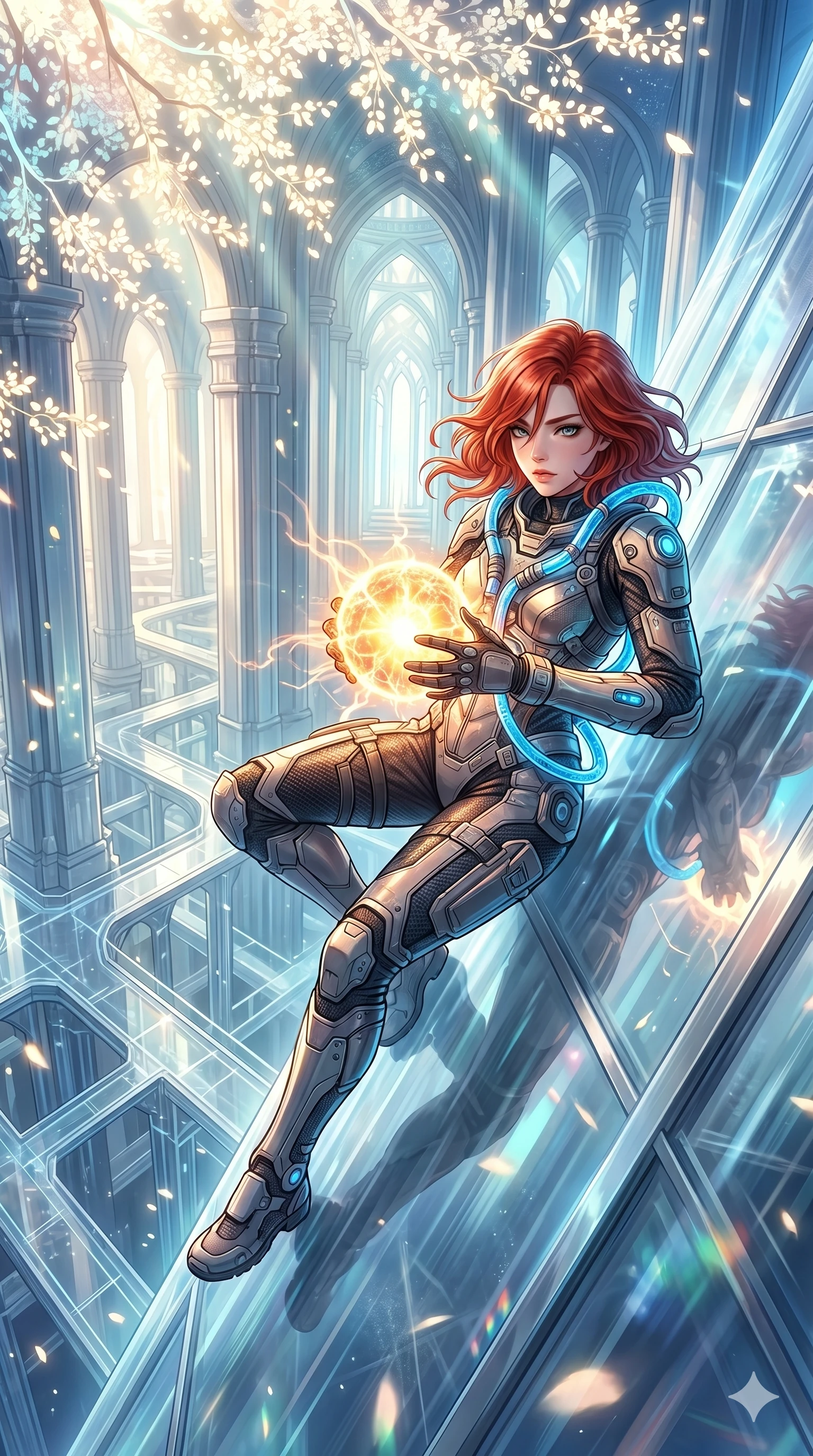 score_9, masterpiece, best quality, ultra-detailed, Set A: High-budget Anime Keyframe, Korean woman. Low angle cowboy shot filling the entire 9:16 frame with her statuesque presence. Theme: Ethereal Dream. sliding down a glass skyscraper in a temple made of solid light, holding a glowing core that hums with the power of 292 suns. The atmosphere is filled with cinematic sunlight through leaves. She has an absolutely perfect 8-heads proportion, an exceptionally tall and slender female figure with impossibly long slender legs and an ultra-slim waist. Sharp v-shaped jawline, high-bridge nose, intricate jewel-like eyes with depth, glossy lips. Wearing Interstellar pilot suit with glowing oxygen-tubes and a sleek carbon-fiber frame. Cinematic lighting, vivid colors, dramatic shadows, 2k, ultra detail, master piece, 9:16 ratio