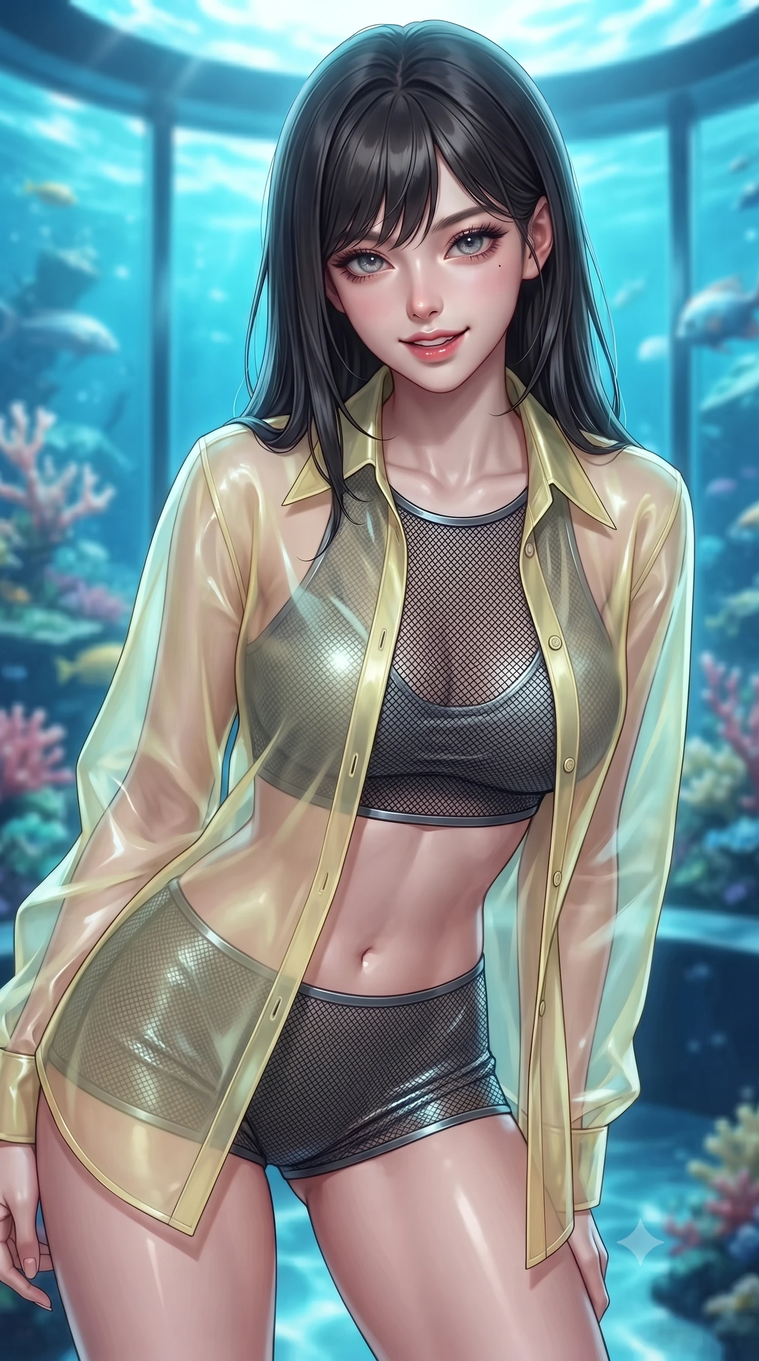 score_9, masterpiece, best quality, ultra-detailed, high-budget anime keyframe, editorial fashion photography, tasteful artistic composition, Korean woman. close-up cowboy shot from the waist and thighs up, the character dominates the composition, filling the frame with her large presence, background elements kept in soft focus. leaning slightly forward with a playful, teasing smile, her gaze locked onto the viewer with lips parted in a composed pose, the background shows a soft-focus a sub-oceanic reef base with glass walls facing a sea of liquid chrome. She has an exceptionally elegant, slender, and willowy female figure with an ultra-slim waist, a gracefully sculpted slender torso, and a refined silhouette. sharp v-shaped jawline, high-bridge nose, intricate jewel-like eyes with depth, thick eyelashes, glossy lips with a natural sheen. wearing a body-hugging sheer organza combat shirt in pale yellow, worn open over a carbon-mesh crop top and micro-shorts. shifting aqua-blue starlight refracting through mercury waves onto her form. ultra-reflective glossy finish, specular highlights, metallic sheen, high-contrast stereoscopic depth, volumetric dynamic lighting, 2k, ultra detail, master piece, 9:16 ratio