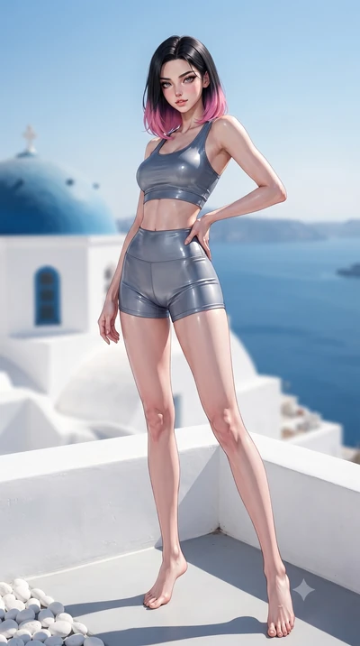 score_9, masterpiece, best quality, ultra-detailed, high-budget anime keyframe, editorial fashion photography, tasteful artistic composition, Korean woman woman. low angle full-body shot from head to toe showing her feet, filling the entire 9:16 vert