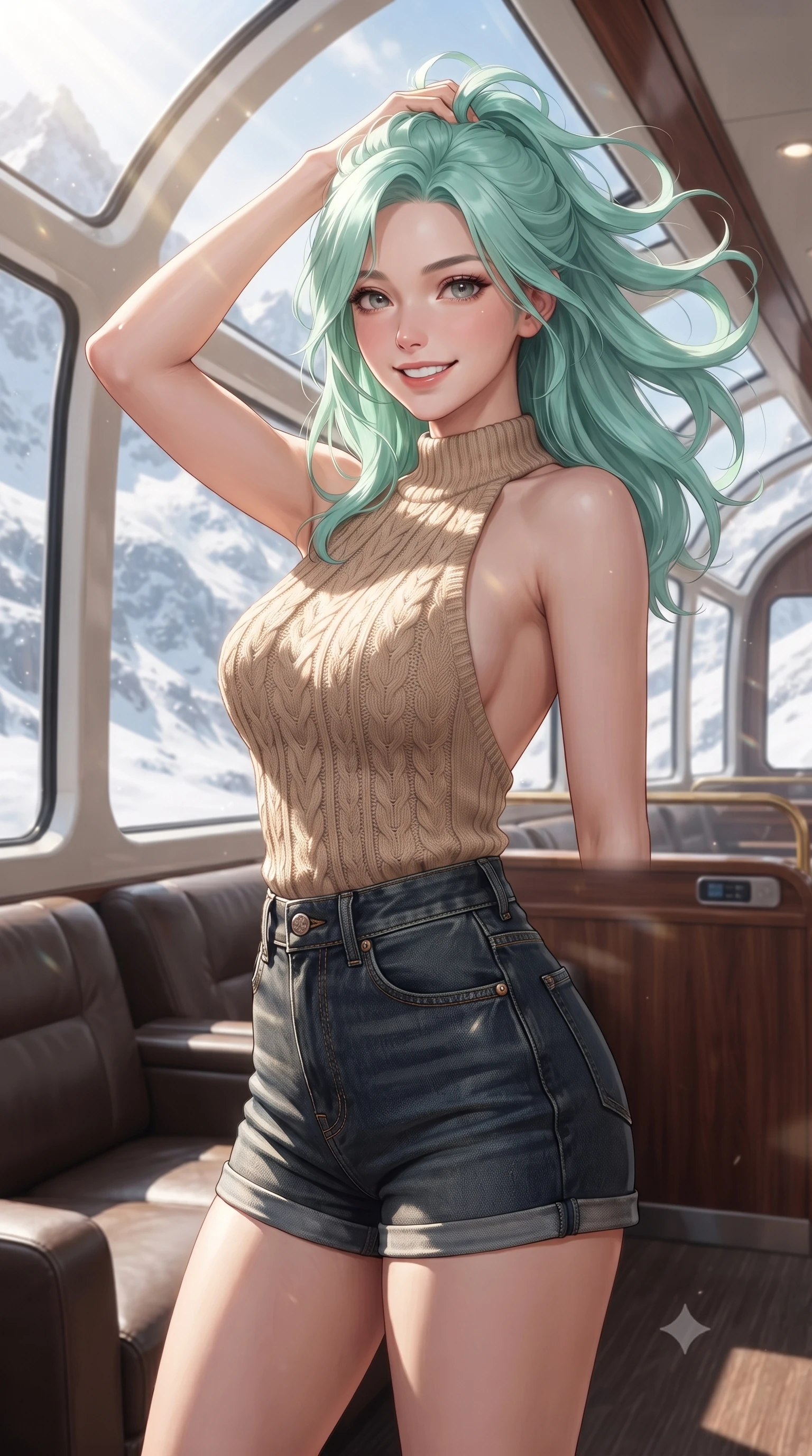 score_9, masterpiece, best quality, ultra-detailed, high-budget anime keyframe, editorial fashion photography, tasteful artistic composition, Japanese woman. close-up cowboy shot from the waist and thighs up, the character dominates the composition, filling the frame with her large presence, background elements kept in soft focus. smiling with quiet, magnetic self-assurance directly into the camera, running a hand through her hair the background shows a soft-focus the curved glass lounge of a luxury train winding through snowy mountain peaks. She has an exceptionally elegant, slender, and willowy female figure with an ultra-slim waist, a gracefully sculpted slender torso, and a refined silhouette. sharp v-shaped jawline, high-bridge nose, intricate jewel-like eyes with depth, thick eyelashes, glossy lips with a natural sheen. wearing a slim-fit backless knit top in beige wool, paired with high-waisted denim shorts. bright morning alpine sunbeams filtering through the panorama window glass. ultra-reflective glossy finish, specular highlights, metallic sheen, high-contrast stereoscopic depth, volumetric dynamic lighting, 2k, ultra detail, master piece, 9:16 ratio