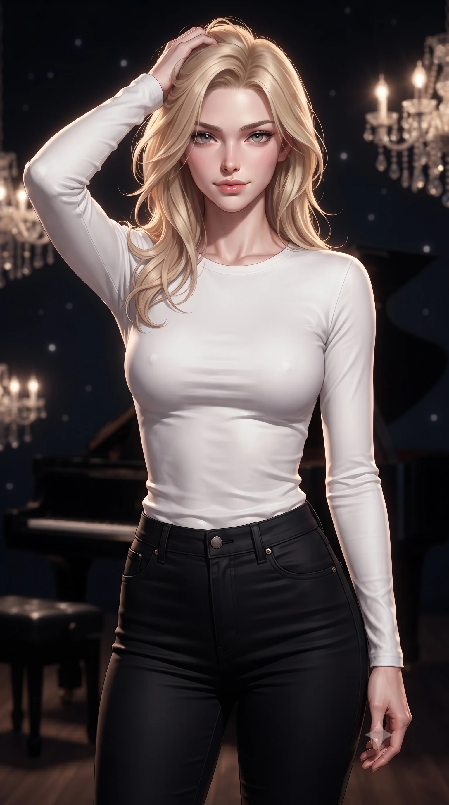 score_9, masterpiece, best quality, ultra-detailed, high-budget anime keyframe, editorial fashion photography, tasteful artistic composition, Caucasian woman. close-up cowboy shot from the waist and thighs up, the character dominates the composition, filling the frame with her large presence, background elements kept in soft focus. smiling with quiet, magnetic self-assurance directly into the camera, running a hand through her hair the background shows a soft-focus a private starlight music room with a black grand piano and crystal chandeliers. She has an exceptionally elegant, slender, and willowy female figure with an ultra-slim waist, a gracefully sculpted slender torso, and a refined silhouette. sharp v-shaped jawline, high-bridge nose, intricate jewel-like eyes with depth, thick eyelashes, glossy lips with a natural sheen. wearing a slim-fit tight-fitting long-sleeve tee in pure white, tucked into high-waisted black skinny pants. a single warm spotlight tracing her statuesque posture against dark backdrop. ultra-reflective glossy finish, specular highlights, metallic sheen, high-contrast stereoscopic depth, volumetric dynamic lighting, 2k, ultra detail, master piece, 9:16 ratio