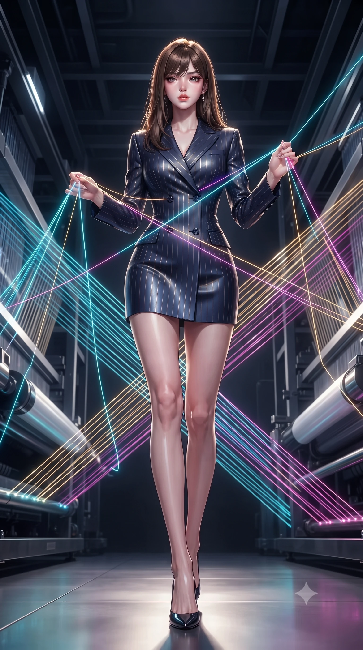 score_9, masterpiece, best quality, ultra-detailed, high-budget anime keyframe, editorial fashion photography, tasteful artistic composition, Korean woman. low angle full-body shot from head to toe showing her feet, filling the entire 9:16 vertical frame with her statuesque presence, stretching her vertical silhouette. navigating the luminous space with effortless poise, displaying her perfect model proportions threading fluorescent fiber optic lines on a massive 3D light loom, fluorescent cyan, magenta, and gold light threads crossing in 3D space. She has an absolutely perfect, statuesque 8.5-heads proportion, an exceptionally tall and slender model-like female figure with impossibly long slender legs and an ultra-slim waist. sharp v-shaped jawline, high-bridge nose, intricate jewel-like eyes with depth, thick eyelashes, glossy lips with a natural sheen. wearing a tailored double-breasted blazer dress in navy with subtle metallic pin-stripes, the tailored fabric tightly following every curve of her athletic build. lit by intense fiber optic light rays creating stunning contrast and depth. ultra-reflective glossy finish, specular highlights, metallic sheen, high-contrast stereoscopic depth, volumetric dynamic lighting, 2k, ultra detail, master piece, 9:16 ratio