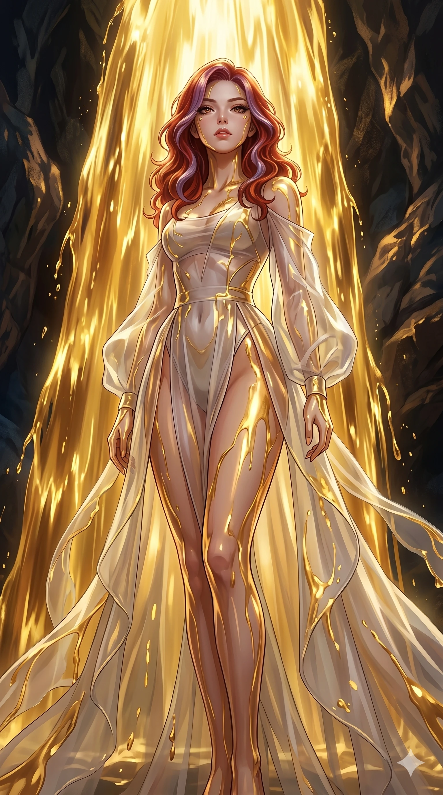 score_9, masterpiece, best quality, ultra-detailed, High-budget Anime Keyframe, East Asian woman. Low angle cowboy shot filling the entire 9:16 frame with her statuesque presence. Scenario 89: Standing under a waterfall of liquid gold, the fluid coating her form. Her presence is magnetic and overpowering in this high-budget anime scene. Outfit 89: A sheer organza sheer with a high-cut leg line and translucent layers. The clothing is designed to emphasize her exceptionally tall and slender 8-heads proportion. 8-heads proportion, towering silhouette, ultra-slim waist. sharp v-shaped jawline, intricate jewel-like eyes with depth, thick eyelashes, glossy lips. 2k, ultra detail, master piece, 9:16 ratio
