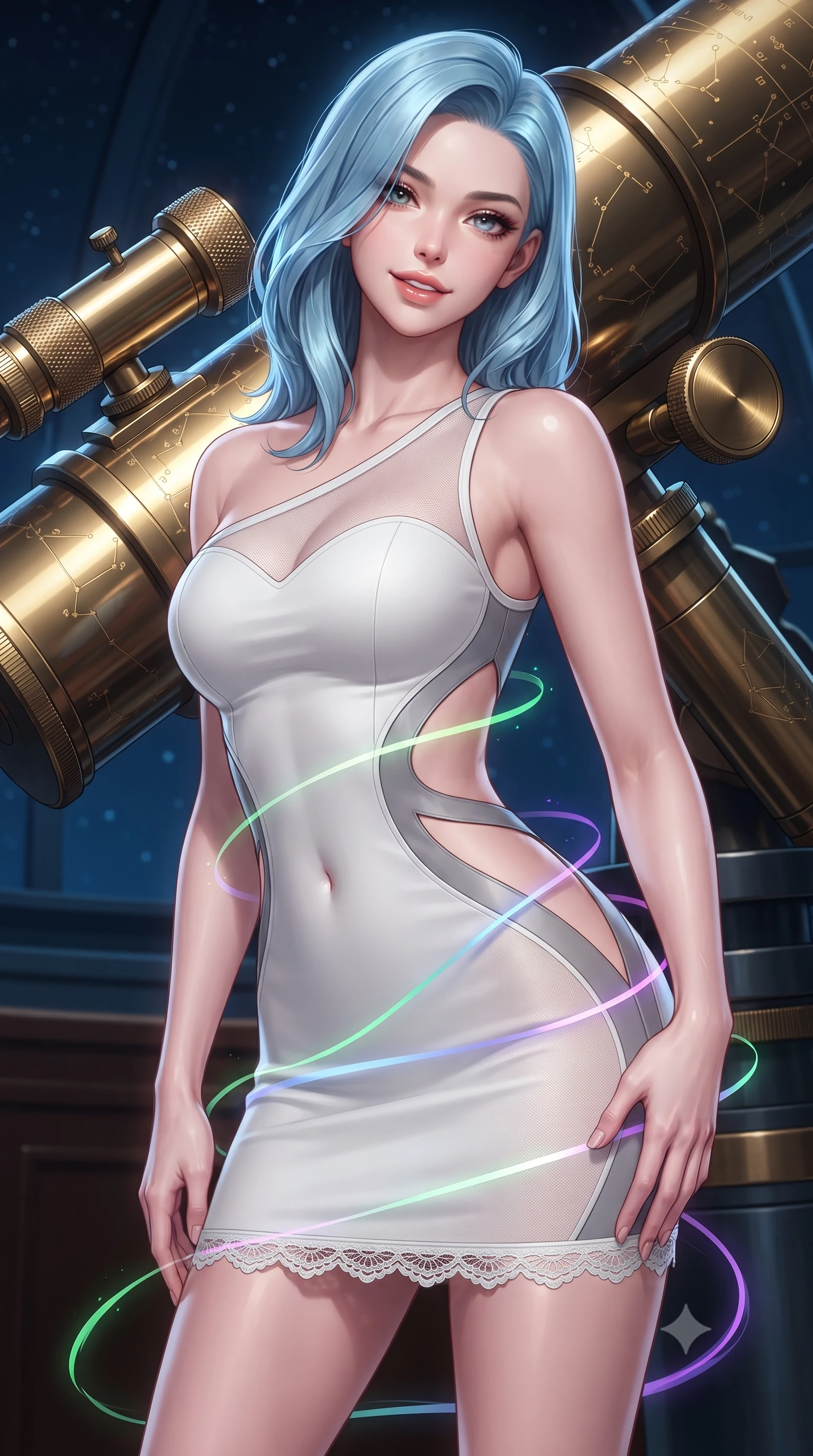 score_9, masterpiece, best quality, ultra-detailed, high-budget anime keyframe, editorial fashion photography, tasteful artistic composition, Korean woman. close-up cowboy shot from the waist and thighs up, the character dominates the composition, filling the frame with her large presence. tilting her head with a teasing half-smile, running one hand slowly down the side of her hip in a flirtatious S-curve as ambient light caresses her silhouette while twisting her slender torso in an alluring S-curve, dancing green and violet aurora ribbons tracing her flat midriff, waist, and hips. The surrounding environment is rendered in vivid detail and crisp panoramic clarity: sharp polished brass telescope tube reflections, knurled adjustment knobs, and constellation chart engravings in deep focus. She has an exceptionally elegant, slender, and willowy female figure with an ultra-slim waist, flat toned midriff, narrow ribcage, and sculpted feminine hips creating an alluring, slim hourglass silhouette without bulk. sharp v-shaped jawline, high-bridge nose, sparkling eyes with hypnotic seductive depth, thick curled eyelashes, glossy parted lips with a natural dewy peach sheen, alluring bedroom-eyes with an enchanting coquettish smile, exuding magnetic siren charisma and sophisticated glamour, flawlessly proportioned anatomical accuracy, strict slender model proportions, natural body alignment, perfectly sculpted long slender limbs, ultra-slim waistline, clean dynamic posture without body distortion. wearing an asymmetric one-shoulder white neoprene mini dress with sharp laser-cut side openings framing her spine and hips in architectural titanium grey and pure milk white, made of semi-opaque stretch illusion mesh with soft shadowy contours, finished with scalloped eyelash lace trim framing her sweetheart neckline with intimate elegance, the glove-like clinging cut tightly following the natural contour of her hips and long slender legs with youthful 8.5-heads elegance. illuminated by brass tube specular highlights and sharp cyan-magenta rim lights defining her delicate clavicles, ultra-slim waist, and curvy hips. ultra-reflective glossy finish, specular highlights, rich textural contrasts, high-contrast stereoscopic depth, volumetric dynamic lighting, 2k, ultra detail, master piece, 9:16 ratio