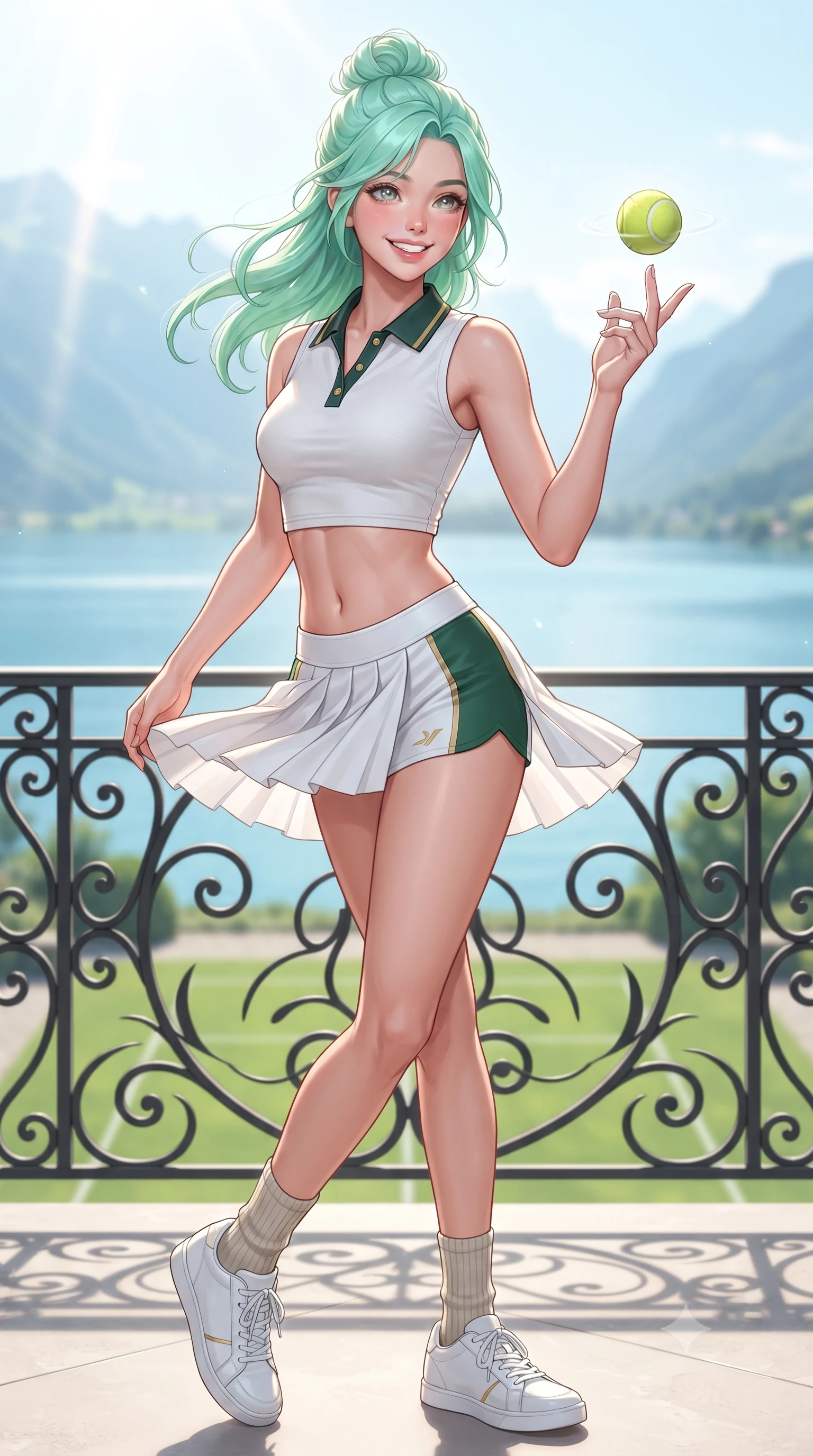 score_9, masterpiece, best quality, ultra-detailed, high-budget anime keyframe, editorial fashion photography, tasteful artistic composition, Japanese woman. close-up cowboy shot from the waist and thighs up, the character dominates the composition, filling the frame with her large presence. playfully spinning a tennis ball on her fingertips, her radiant smile capturing fresh girlhood charm while her arched torso reveals an intoxicating hip contour while twisting her slender torso in an alluring contrapposto stance, crisp alpine breezes fluttering her pleated tennis skirt around her legs and hips. The surrounding environment is rendered in vivid detail and crisp panoramic clarity: sharp wrought-iron scrollwork, lawn chalk line demarcations, and crystal glass clarity in deep focus. She has an exceptionally elegant, slender, and willowy female figure with an ultra-slim waist, flat toned midriff, narrow ribcage, and sculpted feminine hips creating an alluring, slim hourglass silhouette without bulk. sharp v-shaped jawline, high-bridge nose, sparkling eyes with athletic focus and depth, thick curled eyelashes, glossy parted lips with a natural coral-peach sheen, bright confident and coquettish smile with alluring bedroom-eyes, exuding both youthful sporty vigor and sovereign high-society glamour, flawlessly proportioned anatomical accuracy, strict slender model proportions, natural body alignment, perfectly sculpted long slender limbs, ultra-slim waistline, clean dynamic posture without body distortion. wearing a sleek piqué-knit tennis polo crop top with contrasting collar piping paired with low-rise white racing hot-pants in crisp Wimbledon white and British racing green with gold accents, tailored from lightweight aerodynamic carbon-fiber composite with structured weave, complemented by ribbed knit crew socks and clean white designer court sneakers, the liquid-tight tailored fabric clinging flawlessly to her narrow waist and rounded feminine hips, emphasizing every millimeter of her sculpted slim hourglass curves without any bulky heaviness. bathed in luminous alpine morning sunlight cascading across the vast lake basin. ultra-reflective glossy finish, specular highlights, rich textural contrasts, high-contrast stereoscopic depth, volumetric dynamic lighting, 2k, ultra detail, master piece, 9:16 ratio