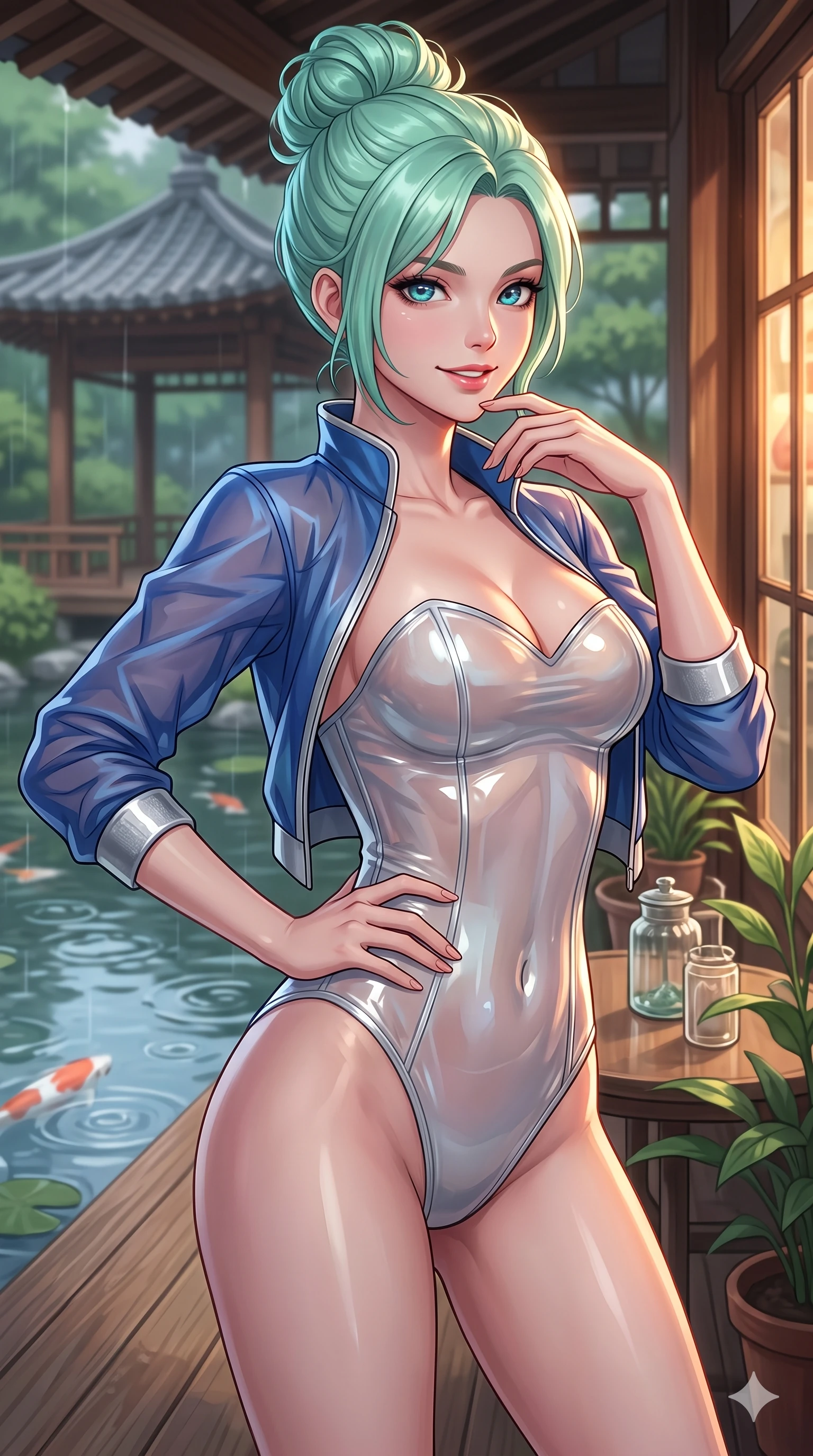 score_9, masterpiece, best quality, ultra-detailed, high-budget anime keyframe, vibrant anime aesthetic, Japanese woman. close-up cowboy shot from the waist and thighs up, the character dominates the composition, filling the frame with her large presence, background elements kept in soft focus. She is posing with a confident, magnetic smile, one hand on her waist, looking over her shoulder at the camera with a lively, expressive stance. the background shows a soft-focus wooden veranda of a traditional garden pavilion, watching rain ripples in a large koi pond (Code-P22-145). She has an absolutely perfect proportion, an exceptionally elegant and slender female figure with an ultra-slim waist. V-shaped jawline, high-bridge nose, intricate jewel-like eyes with depth, thick eyelashes, glossy lips with a natural sheen. wearing a translucent high-shine bodysuit with a sweetheart neckline under a lightweight jacket in sapphire blue and silver trim. She is illuminated by dramatic rim lights from a vintage shop window, adding depth to her jewel-like eyes inside the retro conservatory cafe. 2k, ultra detail, master piece, 9:16 ratio