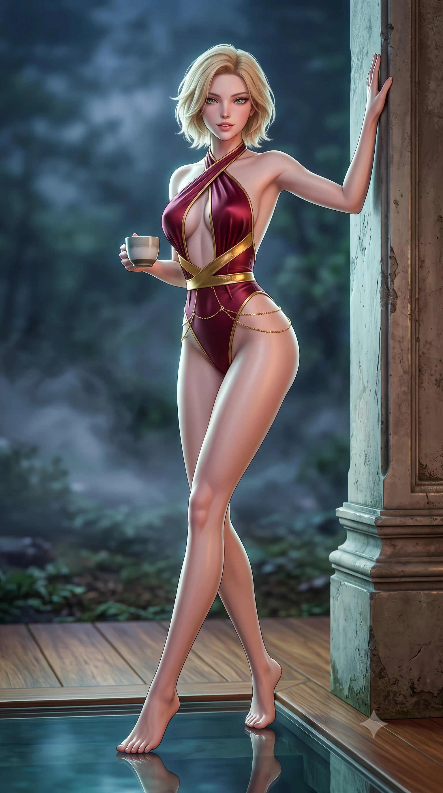 score_9, masterpiece, best quality, ultra-detailed, high-budget anime keyframe, semi-realistic 3D game render, editorial fashion photography, tasteful artistic composition, Caucasian woman. low angle full-body shot from head to toe showing her feet, filling the entire 9:16 vertical frame with her statuesque presence, stretching her vertical silhouette. standing tall beside the architectural column, one hand resting high while arching her lower back to emphasize her sculpted feminine hips and slender waist while sitting gracefully on the cedar walkway threshold with legs extended, holding a modern ceramic tea cup with an alluring, parted-lip smile. The background shows a soft-focus swirling night mist on forest floor softened in mystical Japanese garden shallow focus. She has an absolutely perfect, statuesque 8.5-heads proportion, an exceptionally tall and slender model-like female figure with impossibly long slender legs, an ultra-slim waist, a flat toned midriff, narrow delicate ribcage, and beautifully sculpted feminine hips creating a graceful, slim hourglass silhouette without any bulky heaviness. sharp v-shaped jawline, high-bridge nose, sparkling eyes with hypnotic seductive depth, thick curled eyelashes, glossy parted lips with a natural dewy peach sheen, alluring bedroom-eyes with an enchanting coquettish smile, exuding magnetic siren charisma and sophisticated glamour, flawlessly proportioned anatomical accuracy, strict slender model proportions, natural body alignment, perfectly sculpted long slender limbs, ultra-slim waistline, clean dynamic posture without body distortion. wearing a criss-cross halterneck keyhole bodysuit with open back and sculpted waist darts in Belle Époque bordeaux and gilded 24k gold, crafted from fluid liquid silk satin that clings smoothly to every curve with a dewy sheen, accented with a dainty gold belly chain resting across her flat midriff and curving hips, the glove-like clinging cut tightly following the natural contour of her hips and long slender legs with youthful 8.5-heads elegance. illuminated by glass walkway reflection bounce and sharp jade-platinum rim lights defining her razor-sharp jawline, narrow waist, and curvy hips. highly saturated vibrant anime colors, detailed shading with soft gradients, rich glossy textures, high-contrast stereoscopic depth, volumetric dynamic lighting, master piece, 9:16 ratio
