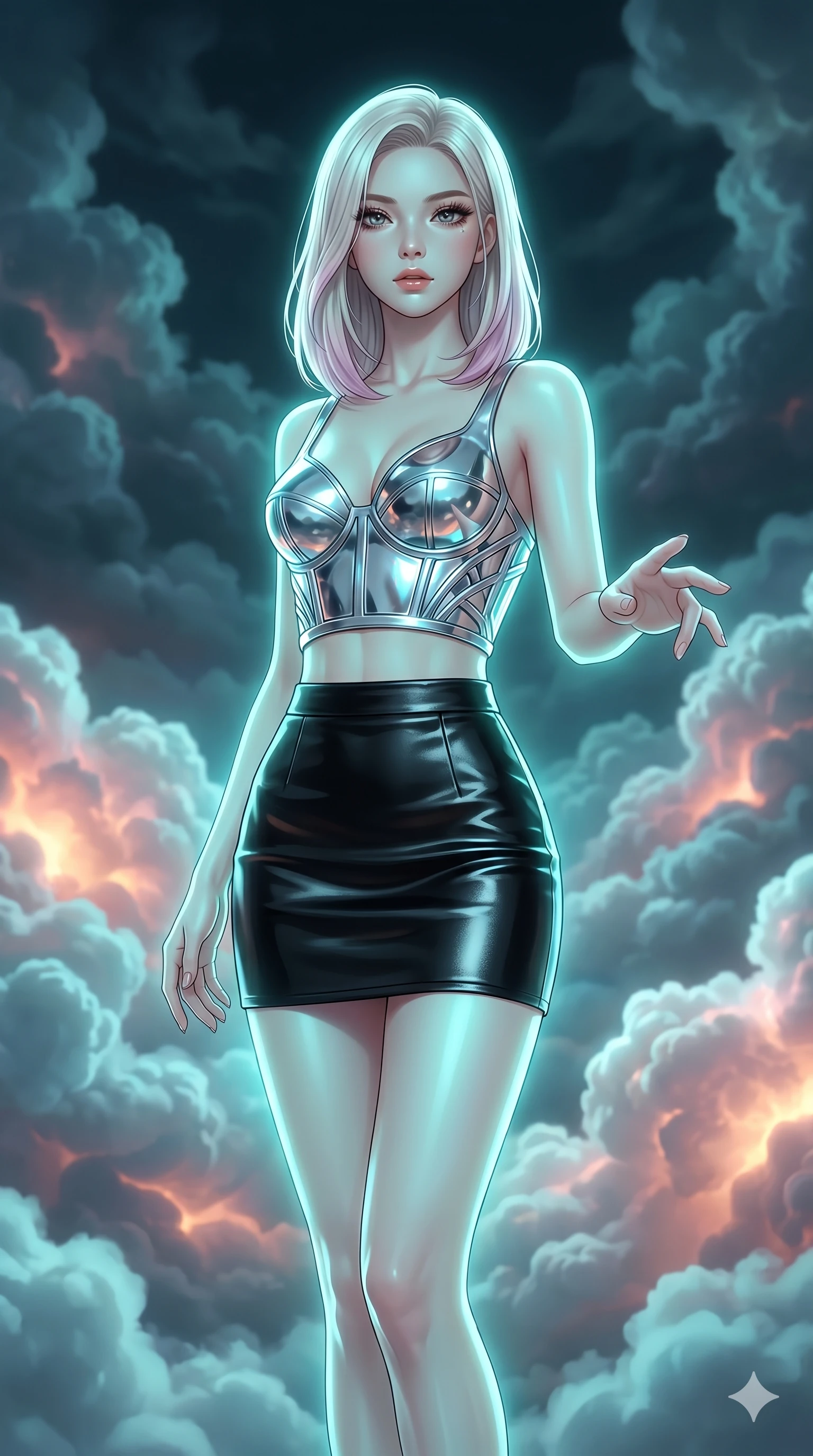 score_9, masterpiece, best quality, ultra-detailed, high-budget anime keyframe, editorial fashion photography, tasteful artistic composition, Korean woman. cowboy shot from the thighs up, character and outfit filling the frame for maximum editorial presence. Reaching one hand toward the viewer with relaxed elegance inside a luminous cloud palace where cumulus formations glow with amber and rose from within. She has an absolutely perfect 8-heads proportion, an exceptionally tall and slender female figure with impossibly long slender legs and an ultra-slim waist. V-shaped jawline, high-bridge nose, intricate jewel-like eyes with depth, thick eyelashes, glossy lips with a natural sheen. wearing a sculptural chrome-plated structured crop top with molded geometric cups and architectural side boning, paired with a high-waist black gloss leather mini skirt to mid-thigh. illuminated by soft aqua bioluminescent light that makes her skin luminously glow against the dark. 2k, ultra detail, master piece, 9:16 ratio