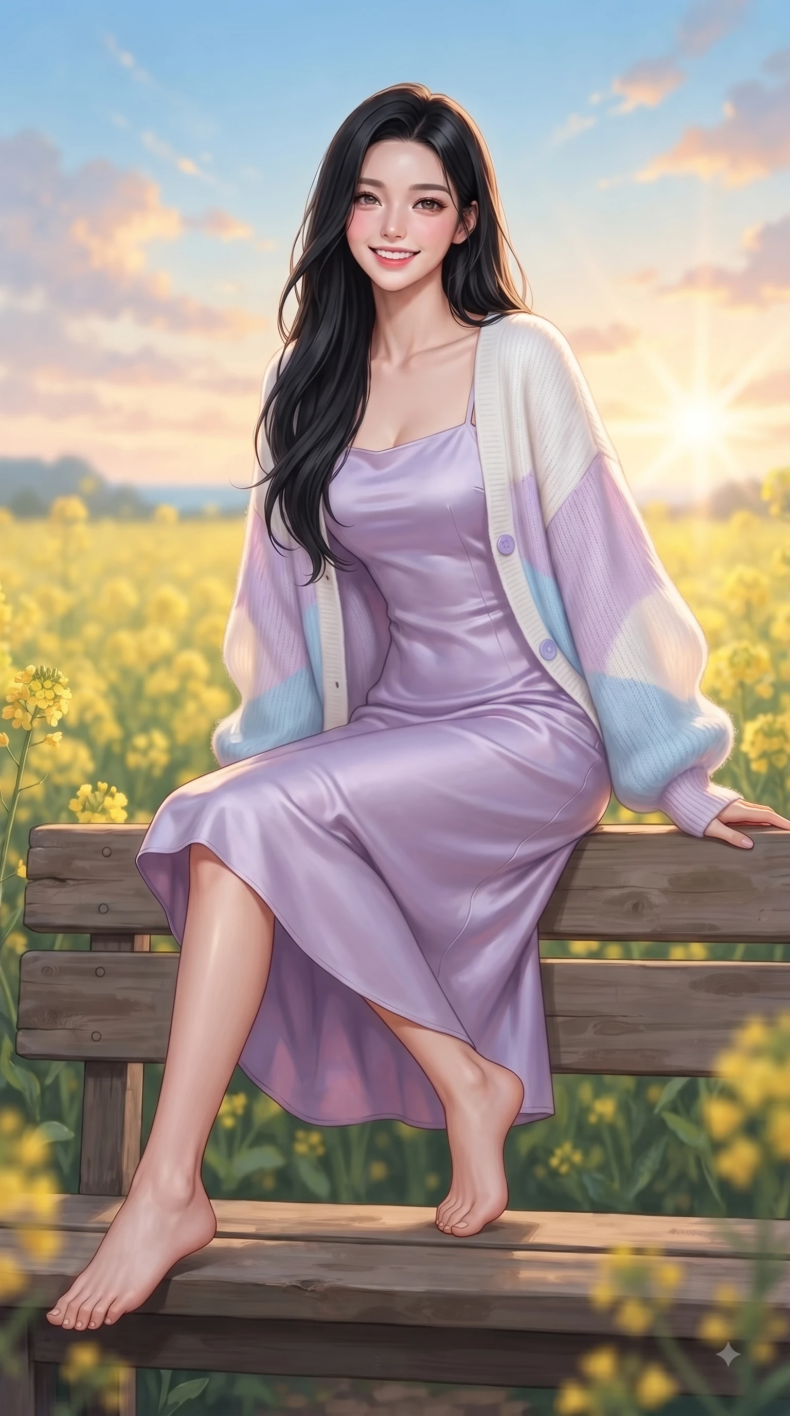 score_9, masterpiece, best quality, ultra-detailed, high-budget anime keyframe, editorial fashion photography, tasteful artistic composition, Korean woman. low angle full-body shot from head to toe showing her feet, filling the entire 9:16 vertical frame with her statuesque presence, stretching her vertical silhouette. pivoting dynamically with a fresh infectious smile, her ultra-slim waist creating a sweeping fluid curve while sitting playfully on a wooden bench surrounded by yellow canola flower fields with a radiant beaming smile. The composition keeps background elements in soft focus with dreamy bokeh. yellow canola fields and clear coastal blue skies softened with a gentle dreamy background blur. She has an absolutely perfect, statuesque 8.5-heads proportion, an exceptionally tall and slender model-like female figure with impossibly long slender legs and an ultra-slim waist. sharp v-shaped jawline, high-bridge nose, intricate jewel-like eyes with depth, thick eyelashes, glossy lips with a natural sheen, flawlessly proportioned anatomical accuracy, natural body alignment, perfectly sculpted elegant limbs, clean dynamic posture without body distortion. wearing a graceful lavender satin slip dress layered under a loose soft white knit cardigan in soft pastel lavender and sky blue, tailored from crisp cotton poplin, featuring elegant flutter sleeves and a graceful square neckline, the relaxed yet flattering fit accentuating her naturally graceful and slender figure. illuminated by a glorious golden hour sunburst painting the clouds in joyful peach and amber. ultra-reflective glossy finish, specular highlights, metallic sheen, high-contrast stereoscopic depth, volumetric dynamic lighting, 2k, ultra detail, master piece, 9:16 ratio