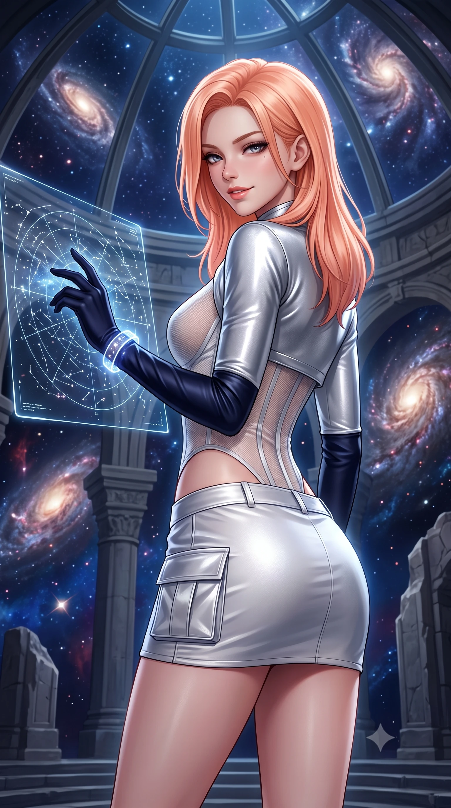 score_9, masterpiece, best quality, ultra-detailed, high-budget anime keyframe, semi-realistic 3D game render, editorial fashion photography, tasteful artistic composition, Japanese woman. close-up cowboy shot from the waist and thighs up, the character dominates the composition, filling the frame with her large presence. turning over a bare shoulder with an intoxicating, teasing smile, her soft hair framing her sharp jawline as her hips angle gracefully while arching her spine in a fluid dancer stretch beneath the open observatory glass dome, fingers lightly tracing a floating star map. The surrounding environment is rendered in vivid detail and crisp panoramic clarity. monumental high-contrast cosmic chiaroscuro and sacred astronomical sanctuary architecture in precision. She has an exceptionally elegant, slender, and willowy female figure with an ultra-slim waist, a gracefully sculpted slender torso, toned flat midriff, and rounded feminine hips creating an alluring hourglass silhouette. sharp v-shaped jawline, high-bridge nose, intricate jewel-like eyes with depth, thick eyelashes, glossy parted lips with a natural sheen, intensely captivating and seductive bedroom-eyes expression, flawlessly proportioned anatomical accuracy, strict slender model proportions, natural body alignment, perfectly sculpted long slender limbs, ultra-slim waistline, clean dynamic posture without body distortion. wearing a futuristic sheer mesh bodysuit layered under a metallic silver shrug bolero and micro cargo skirt in shimmering silver mercury and pearl white, tailored from fluid silk crepe with delicate inner corsetry boning, complemented by opera-length midnight satin gloves and glowing stardust cuffs, the form-contouring material adhering flawlessly to her sculpted flat midriff and slender torso, emphasizing her long leg lines and perfectly proportioned willowy build. surrounded by a celestial, immortal, and deeply hypnotic cosmos sovereign aura. highly saturated vibrant anime colors, detailed shading with soft gradients, rich glossy textures, high-contrast stereoscopic depth, volumetric dynamic lighting, master piece, 9:16 ratio