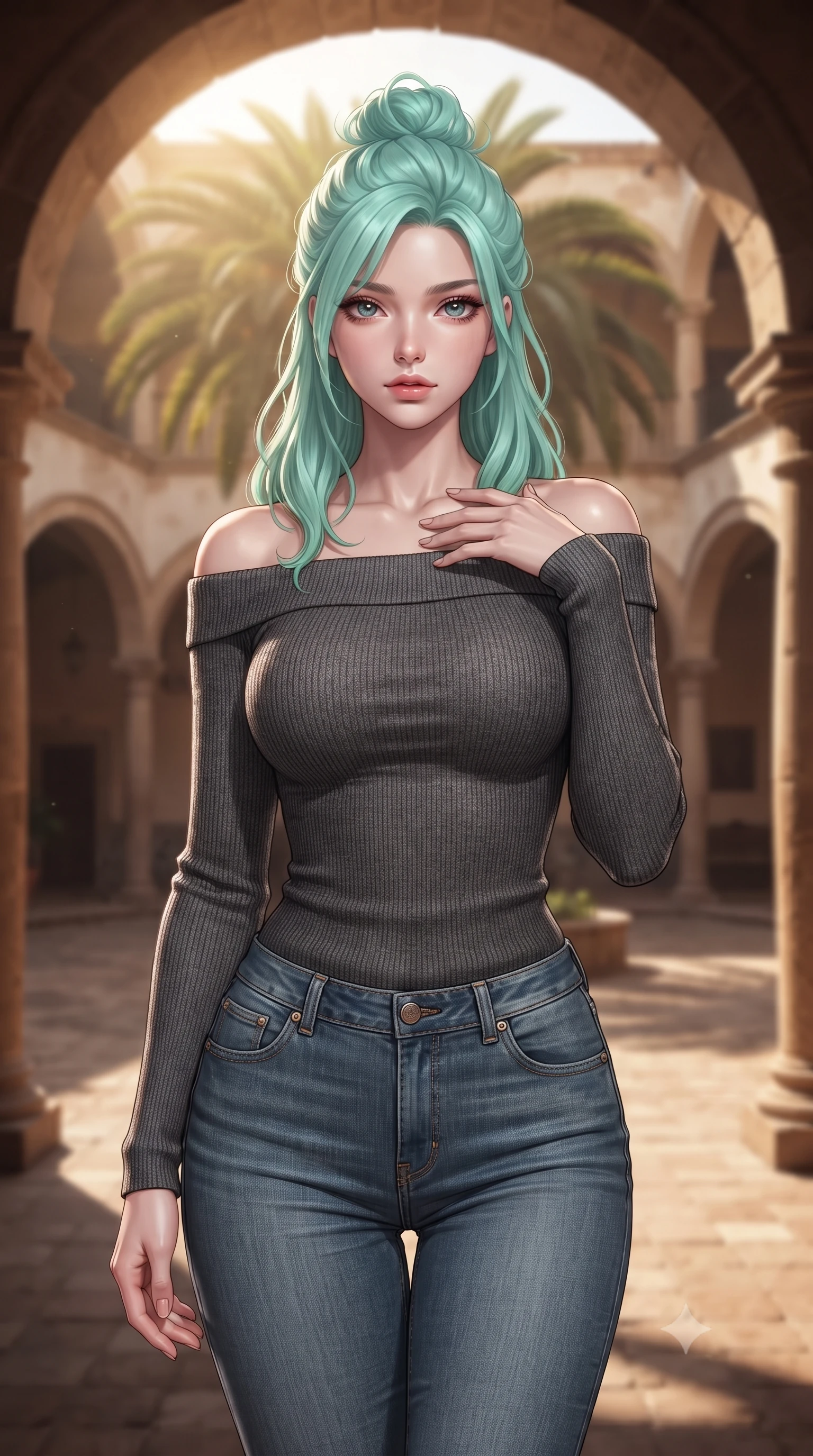 score_9, masterpiece, best quality, ultra-detailed, high-budget anime keyframe, editorial fashion photography, tasteful artistic composition, Japanese woman woman. close-up cowboy shot from the waist and thighs up, the character dominates the composition, filling the frame with her large presence, background elements kept in soft focus. standing with one hand resting on her collarbone, looking at the viewer with bedroom-eyes the background shows a soft-focus a courtyard of an old Spanish hacienda with a large arched corridor and central palm tree. She has an exceptionally elegant, slender, and willowy female figure with an ultra-slim waist, a gracefully sculpted slender torso, and a refined silhouette. sharp v-shaped jawline, high-bridge nose, intricate jewel-like eyes with depth, thick eyelashes, glossy lips with a natural sheen. wearing a body-hugging tight-fitting long-sleeve off-shoulder knit top in charcoal grey, paired with skinny denim jeans. warm afternoon sunbeams creating a peaceful, historical atmosphere. ultra-reflective glossy finish, specular highlights, metallic sheen, high-contrast stereoscopic depth, volumetric dynamic lighting, 2k, ultra detail, master piece, 9:16 ratio