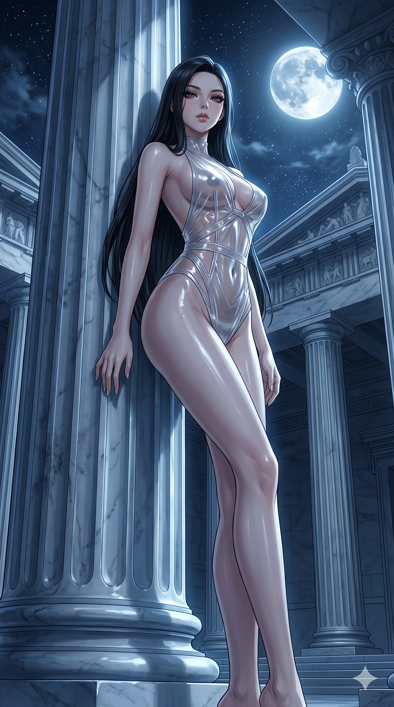 score_9, masterpiece, best quality, ultra-detailed, High-budget Anime Keyframe, East Asian woman. Low angle cowboy shot filling the entire 9:16 frame with her statuesque presence. Scenario 123: Leaning against a cold marble pillar in a moonlit greek temple. Her presence is magnetic and overpowering in this high-budget anime scene. Outfit 123: A translucent PVC liquid with a backless design and wet-look texture. The clothing is designed to emphasize her exceptionally tall and slender 8-heads proportion. 8-heads proportion, towering silhouette, ultra-slim waist. sharp v-shaped jawline, intricate jewel-like eyes with depth, thick eyelashes, glossy lips. 2k, ultra detail, master piece, 9:16 ratio