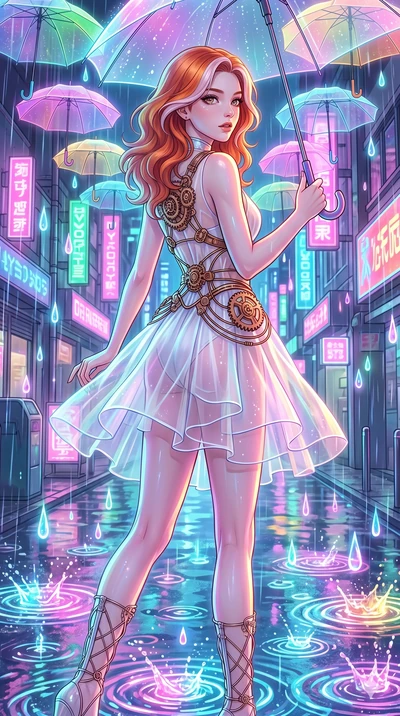 score_9, masterpiece, best quality, ultra-detailed, high-budget anime keyframe, Caucasian woman, strictly human ears. upper body close-up from the thighs up, character filling the screen for maximum presence. navigating a wet neon-lit future street u