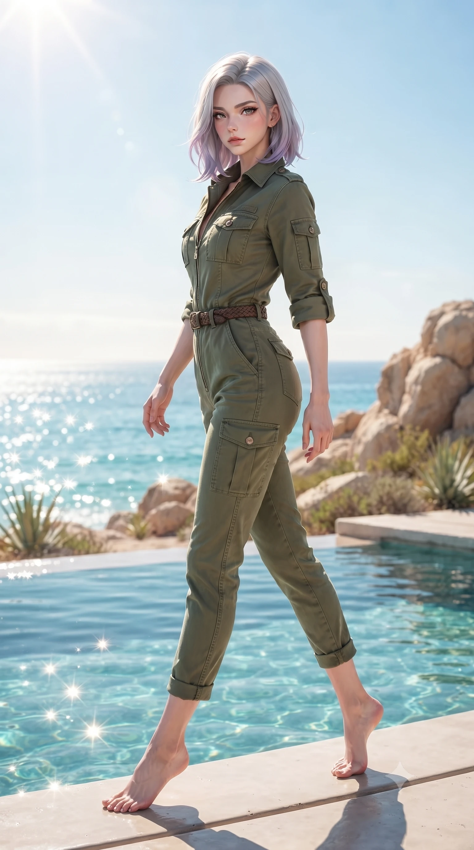 score_9, masterpiece, best quality, ultra-detailed, high-budget anime keyframe, editorial fashion photography, tasteful artistic composition, Caucasian woman. low angle full-body shot from head to toe showing her feet, filling the entire 9:16 vertical frame with her statuesque presence, stretching her vertical silhouette. stepping gracefully while looking back over her shoulder, her dress draped tightly to reveal her silhouette the background shows a soft-focus a private beachfront pool on a desert coast overlooking the turquoise ocean water. She has an absolutely perfect, statuesque 8.5-heads proportion, an exceptionally tall and slender model-like female figure with impossibly long slender legs and an ultra-slim waist. sharp v-shaped jawline, high-bridge nose, intricate jewel-like eyes with depth, thick eyelashes, glossy lips with a natural sheen. wearing a body-hugging comfortable olive green cotton utility jumpsuit with a structured collar and rolled-up sleeves. bright morning sun rays creating sparkling glints on the sea and water pool. ultra-reflective glossy finish, specular highlights, metallic sheen, high-contrast stereoscopic depth, volumetric dynamic lighting, 2k, ultra detail, master piece, 9:16 ratio