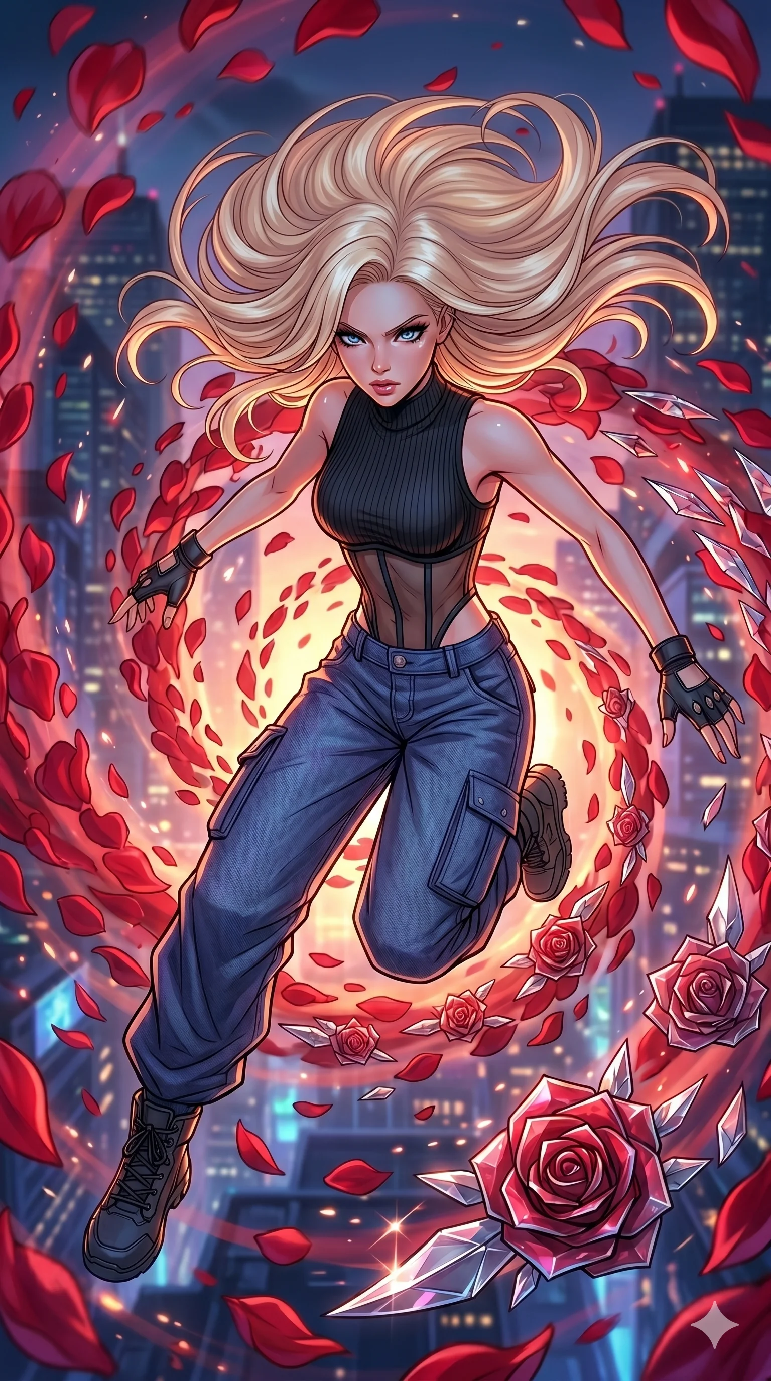score_9, masterpiece, best quality, ultra-detailed, high-budget anime movie keyframe, cinematic anime lighting, intricate line art, Caucasian (strictly human ears) woman. Extreme high angle shot as she leaps towards the camera, filling the frame. spinning in a whirlwind of rose petals that turn into blades. She has an absolutely perfect 8-heads proportion, an exceptionally tall and slender female figure with an ultra-slim waist and impossibly long slender legs. strictly human anatomy, two legs only, no extra limbs, clearly defined legs and arms, perfect anatomy, perfect hands and fingers. sharp v-shaped jawline, high-bridge nose, intricate jewel-like eyes, thick eyelashes, glossy lips. Wearing Urban Trendsetter: Ribbed bodycon dress, crop top with high-waist denim, and sheer corset with cargo pants. The scene is illuminated by dramatic atmospheric lighting and vibrant color palettes. , 2k, ultra detail, master piece, 9:16 ratio
