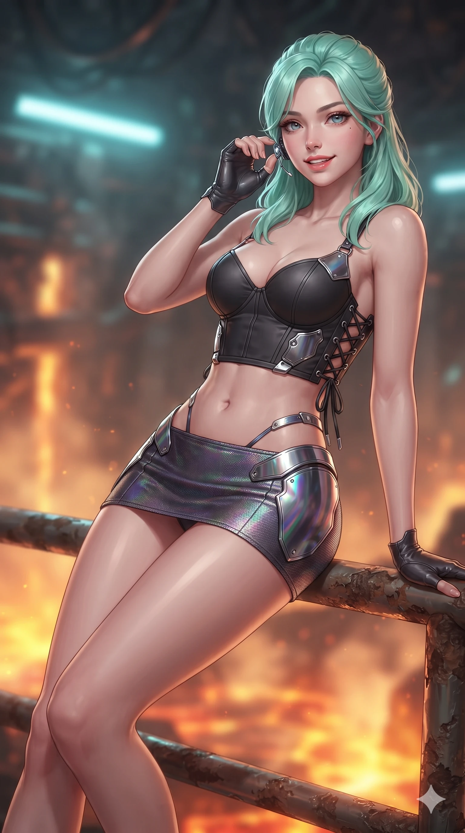 score_9, masterpiece, best quality, ultra-detailed, high-budget anime keyframe, editorial fashion photography, tasteful artistic composition, Japanese woman. close-up cowboy shot from the waist and thighs up, the character dominates the composition, filling the frame with her large presence. arching her spine with dancer poise, one hand adjusting her ear comm-link in a flirtatious S-curve with parted glossy lips while lounging gracefully on the maintenance railing propped on one elbow with legs extended, displaying her long slender limbs and statuesque hourglass silhouette against the subterranean plasma matrix. The background shows a soft-focus molten thermal mist softened in subterranean geothermal core shallow focus. She has an exceptionally elegant, slender, and willowy female figure with an ultra-slim waist, flat toned midriff, narrow ribcage, and sculpted feminine hips creating an alluring, slim hourglass silhouette without bulk. sharp v-shaped jawline, high-bridge nose, intricate jewel-like sparkling eyes with depth, thick eyelashes, glossy parted lips with a natural sheen, bright confident smile with an enchanting and coquettish sensual glint, exuding both youthful magnetic charm and sovereign high-tech allure, flawlessly proportioned anatomical accuracy, strict slender model proportions, natural body alignment, perfectly sculpted long slender limbs, ultra-slim waistline, clean dynamic posture without body distortion. wearing a sculpted matte carbon underwire crop bustier with lace-up side ties paired with a low-rise micro skirt in iridescent dark chrome and holographic violet, woven from high-density tech-wool with subtle metallic thread weave, accented with strategically placed chrome armor plate guards covering key curves, the glove-like clinging cut tightly following the natural contour of her hips and long slender legs with youthful 8.5-heads elegance. bathed in the intense warm 2200K furnace glow of subterranean plasma conduits mixed with cool cyan emergency strip lights. ultra-reflective glossy finish, specular highlights, rich textural contrasts, high-contrast stereoscopic depth, volumetric dynamic lighting, 2k, ultra detail, master piece, 9:16 ratio