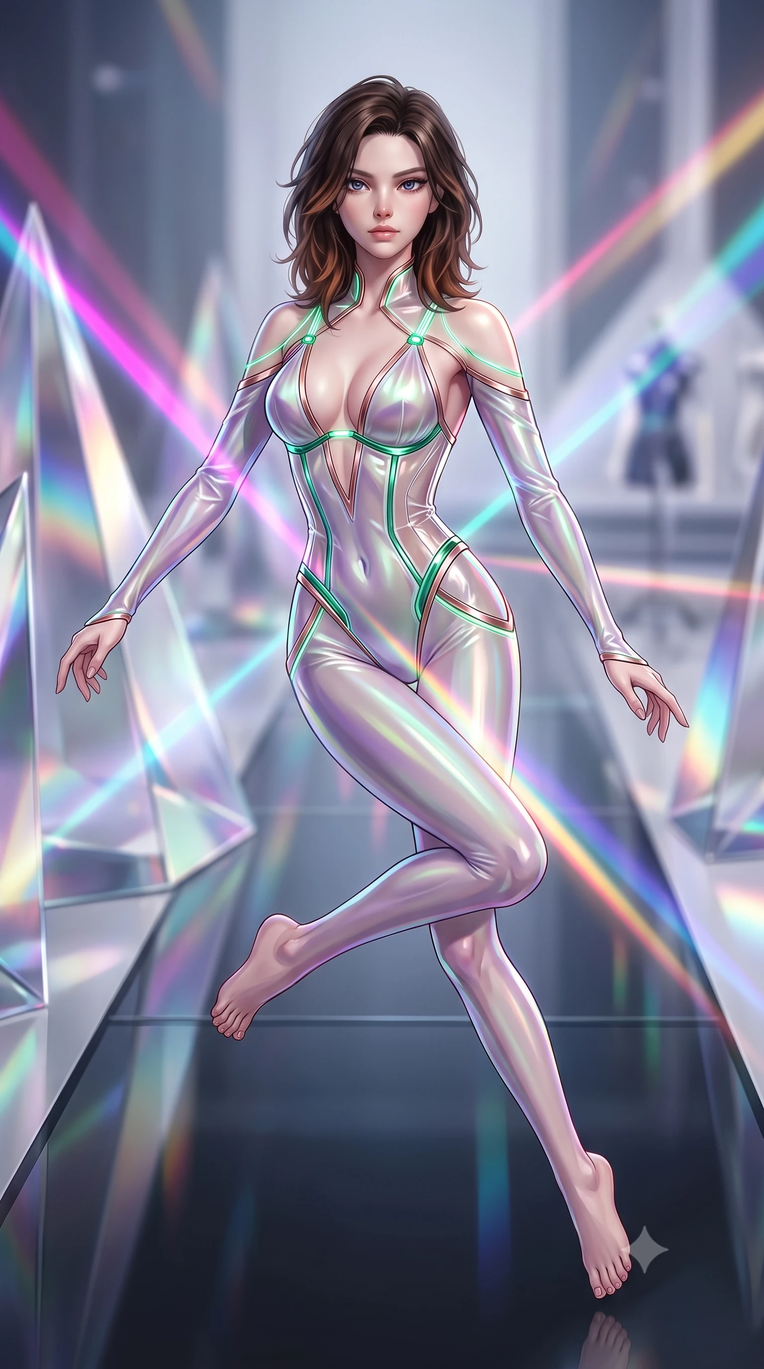 score_9, masterpiece, best quality, ultra-detailed, high-budget anime keyframe, semi-realistic 3D game render, editorial fashion photography, tasteful artistic composition, Korean woman. low angle full-body shot from head to toe showing her feet, filling the entire 9:16 vertical frame with her statuesque presence, stretching her vertical silhouette. performing an alluring mid-air vault with flawless poise, looking directly into the camera with smoldering intensity while twisting her upper body in an alluring pose as prismatically refracted neon light beams criss-cross her silhouette. The composition keeps background elements in soft focus with creamy bokeh. shimmering silver prism facets and dark glass runways softened by shallow cinematic depth of field. She has an absolutely perfect, statuesque 8.5-heads proportion, an exceptionally tall and slender model-like female figure with impossibly long slender legs and an ultra-slim waist. sharp v-shaped jawline, high-bridge nose, intricate jewel-like eyes with depth, thick eyelashes, glossy lips with a natural sheen, flawlessly proportioned anatomical accuracy, natural body alignment, perfectly sculpted elegant limbs, clean dynamic posture without body distortion. wearing a translucent cybernetic corset in semi-opaque structured vinyl, combined with detached sleeves and a deep-plunging neckline secured by glowing micro-straps in emerald green and metallic rose gold trim, made of smooth iridescent silk chiffon that shifts colors with movement, accented with glowing fiber-optic seams tracing her collarbones and hip curves, the form-contouring second-skin material highlighting her ultra-slim waist and long lines. surrounded by a hyper-luxurious, futuristic, and fiercely glamorous fashion editorial aura. highly saturated vibrant anime colors, detailed shading with soft gradients, rich glossy textures, high-contrast stereoscopic depth, volumetric dynamic lighting, master piece, 9:16 ratio