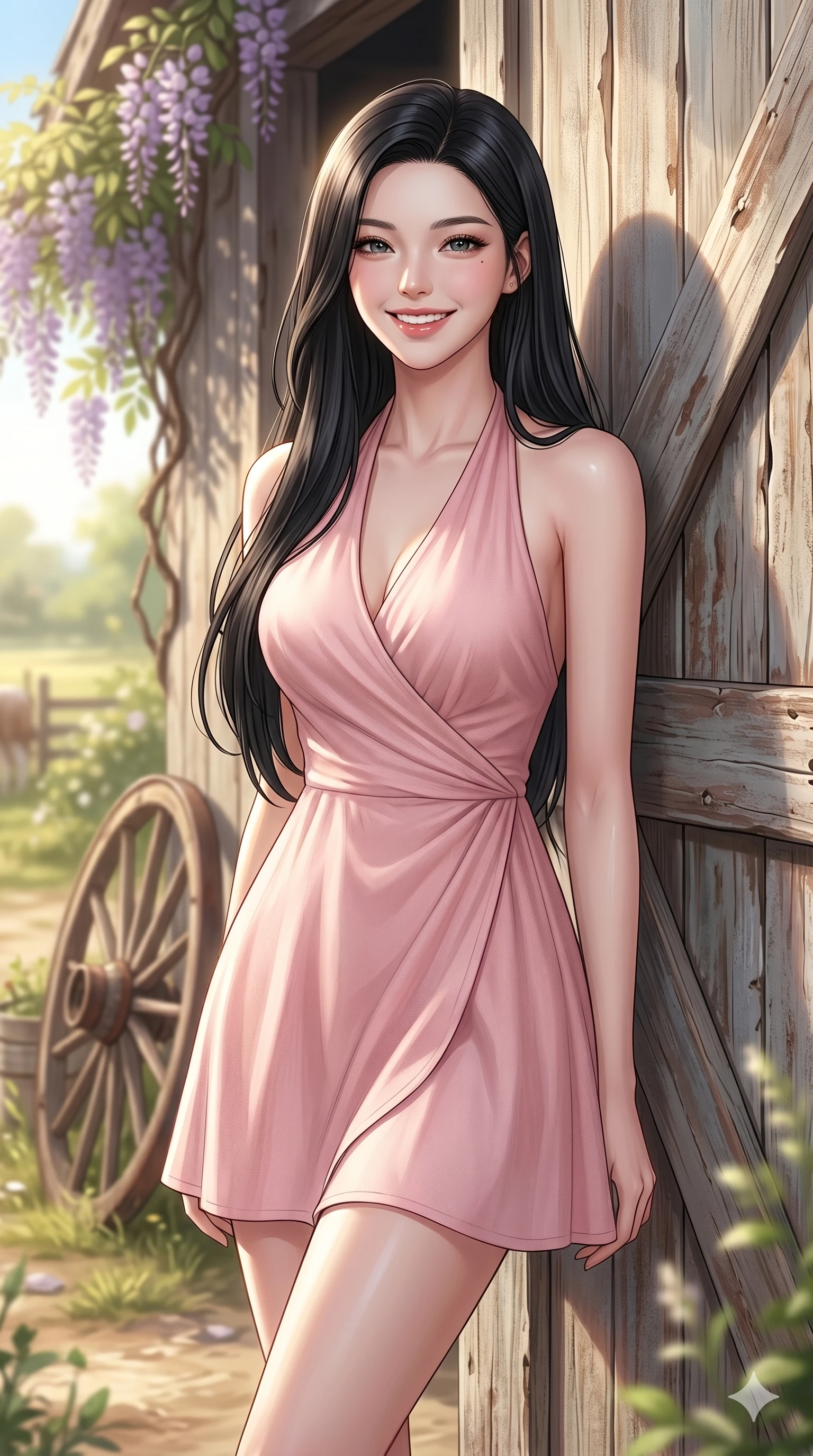 score_9, masterpiece, best quality, ultra-detailed, high-budget anime keyframe, editorial fashion photography, tasteful artistic composition, Korean woman. cowboy shot from the thighs up, character and outfit filling the frame for maximum editorial presence. looking at the camera with a bright, cheerful smile, her shoulders relaxed leaning against a rustic wooden barn door in a sunny farmyard. She has an absolutely perfect 8-heads proportion, an exceptionally tall and slender female figure with impossibly long slender legs and an ultra-slim waist. V-shaped jawline, high-bridge nose, intricate jewel-like eyes with depth, thick eyelashes, glossy lips with a natural sheen. wearing a soft pink wrap dress with a graceful halter neck and bare shoulders. drenched in morning sunlight casting a soft, clean glow over the yard and her face. 2k, ultra detail, master piece, 9:16 ratio