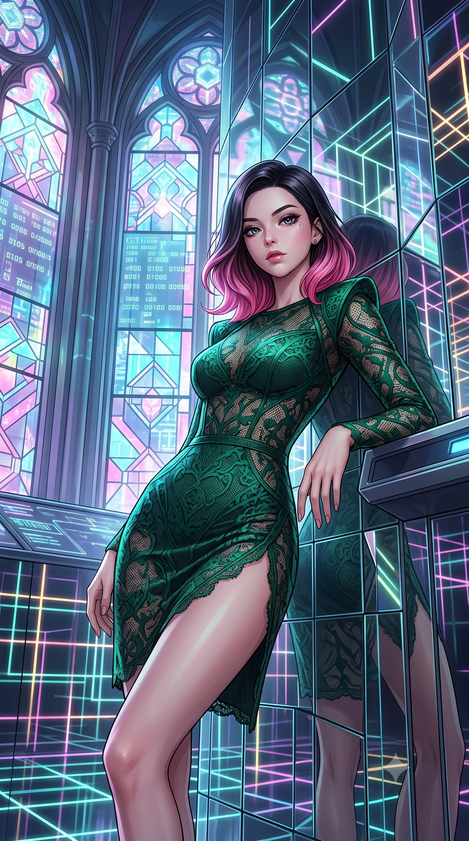score_9, masterpiece, best quality, ultra-detailed, High-budget Anime Keyframe, East Asian woman. Low angle cowboy shot filling the entire 9:16 frame with her statuesque presence. Scenario 446: leaning back against a wall of virtual mirrors in a futuristic cathedral with holographic stained-glass windows. Her presence is magnetic and overpowering in this high-budget anime scene. Outfit 446: a body-hugging emerald green micro-mesh lace mini dress featuring a high-slit skirt and structured shoulders. The clothing is designed to emphasize her exceptionally tall and slender 8-heads proportion. 8-heads proportion, towering silhouette, ultra-slim waist. sharp v-shaped jawline, intricate jewel-like eyes with depth, thick eyelashes, glossy lips. 2k, ultra detail, master piece, 9:16 ratio
